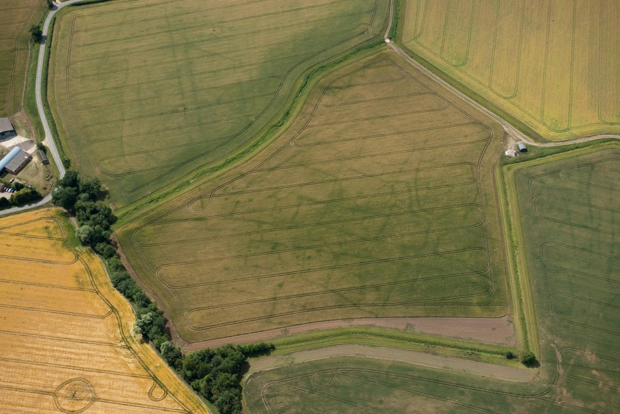 Aerial photograph of a green field showing marks and tracks that are evidence of the buried remains of a Roman Small Town.