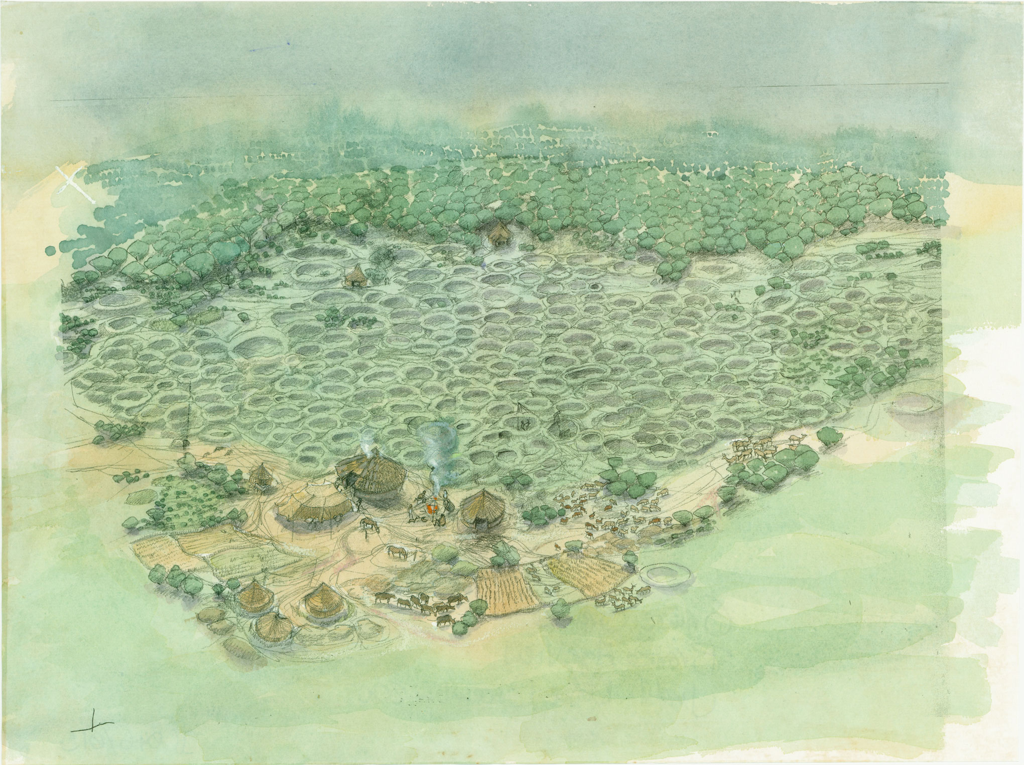 Artists reconstruction of a flint mining landscape with a concentration of mining pits and thatched huts in the foreground.