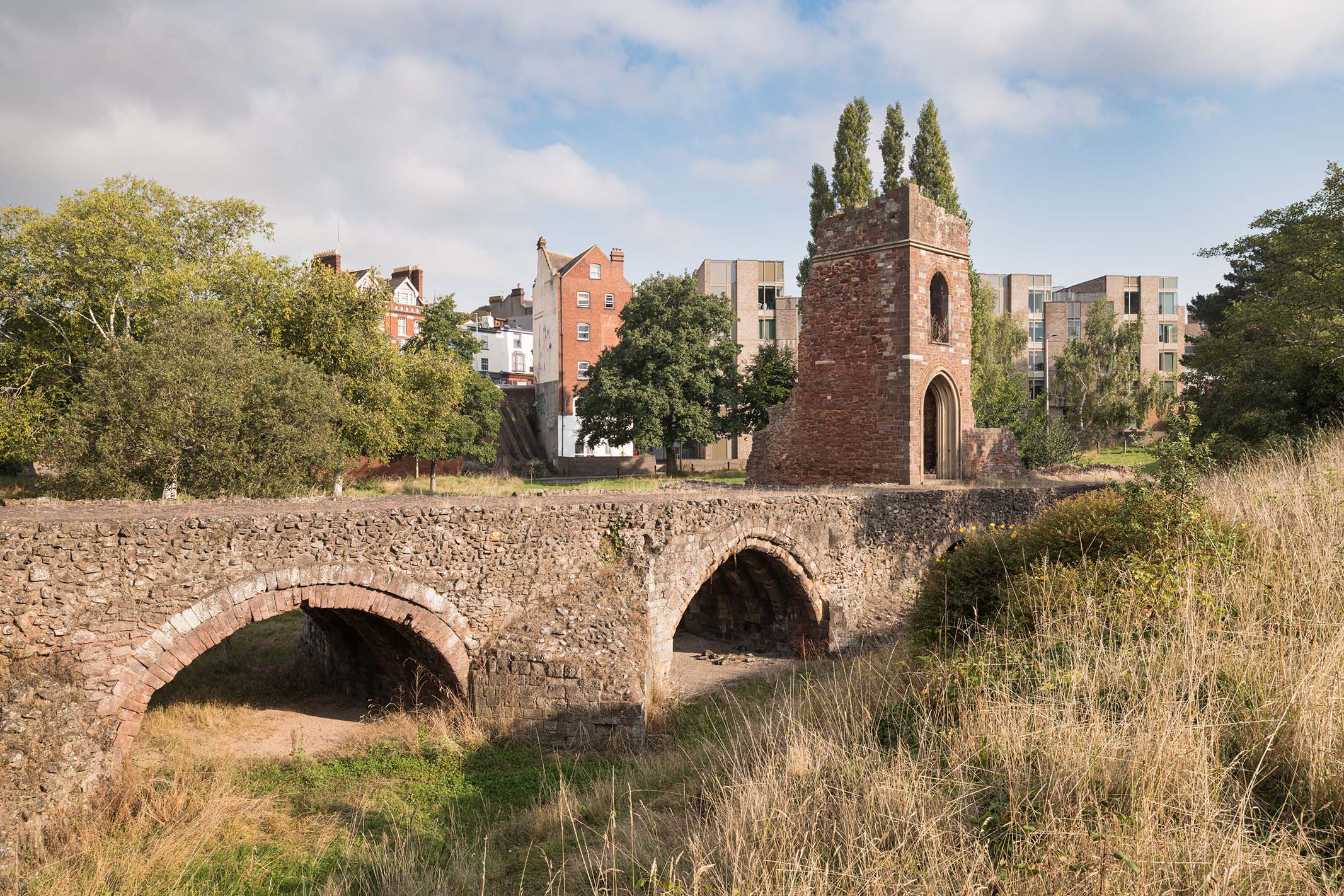 A photograph of the ruins of a medieval bridge, with long grass in the foreground and modern buildings in the background