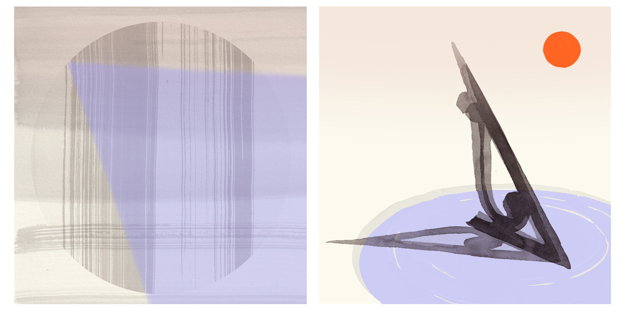 An abstract watercolour painting with two panels. The left panel features a translucent oval with vertical lines, and the right panel depicts a geometric figure in a water-like circle beneath an orange dot