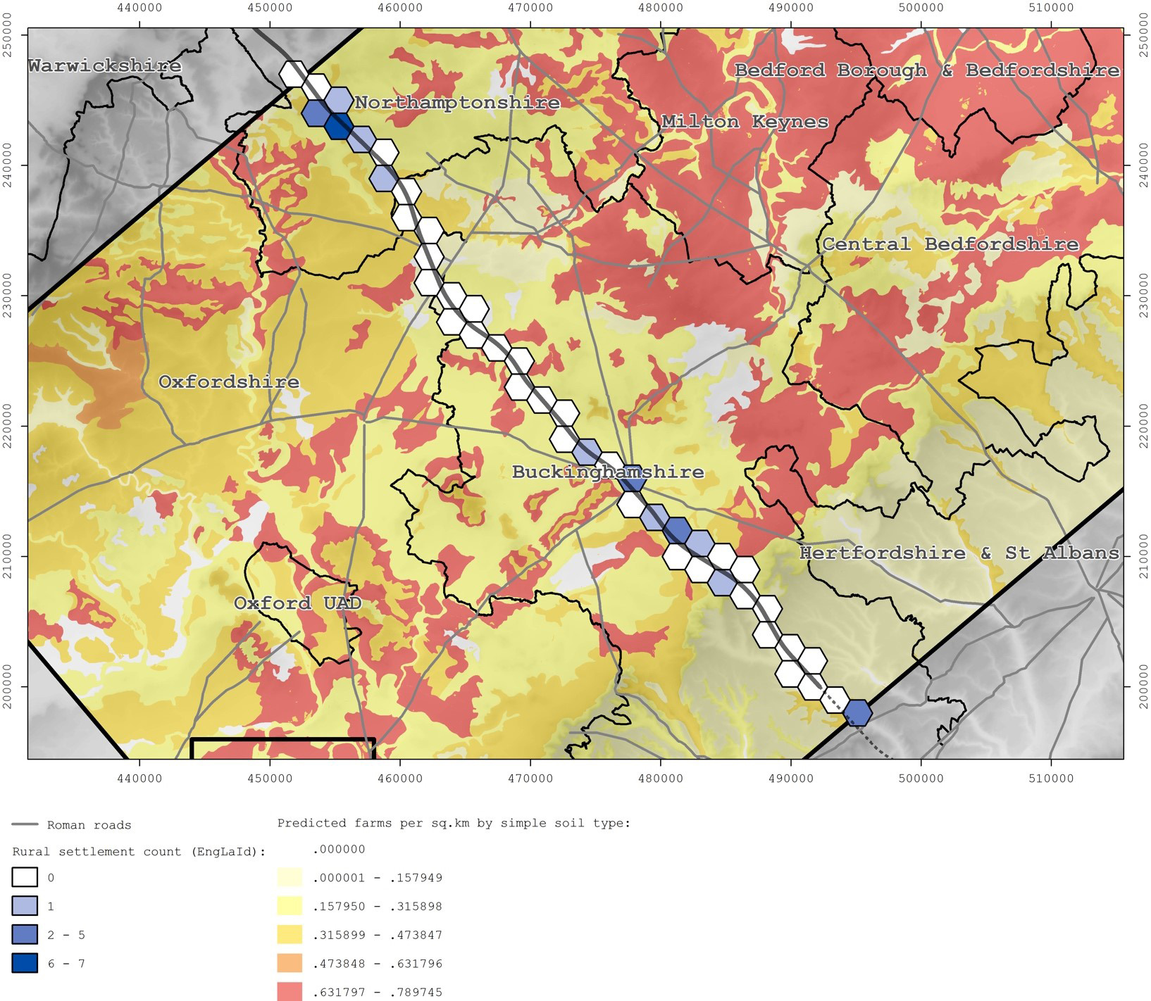 Detail of mapping of predicted density of Roman farms against different soil types indicated by different shaded colours.