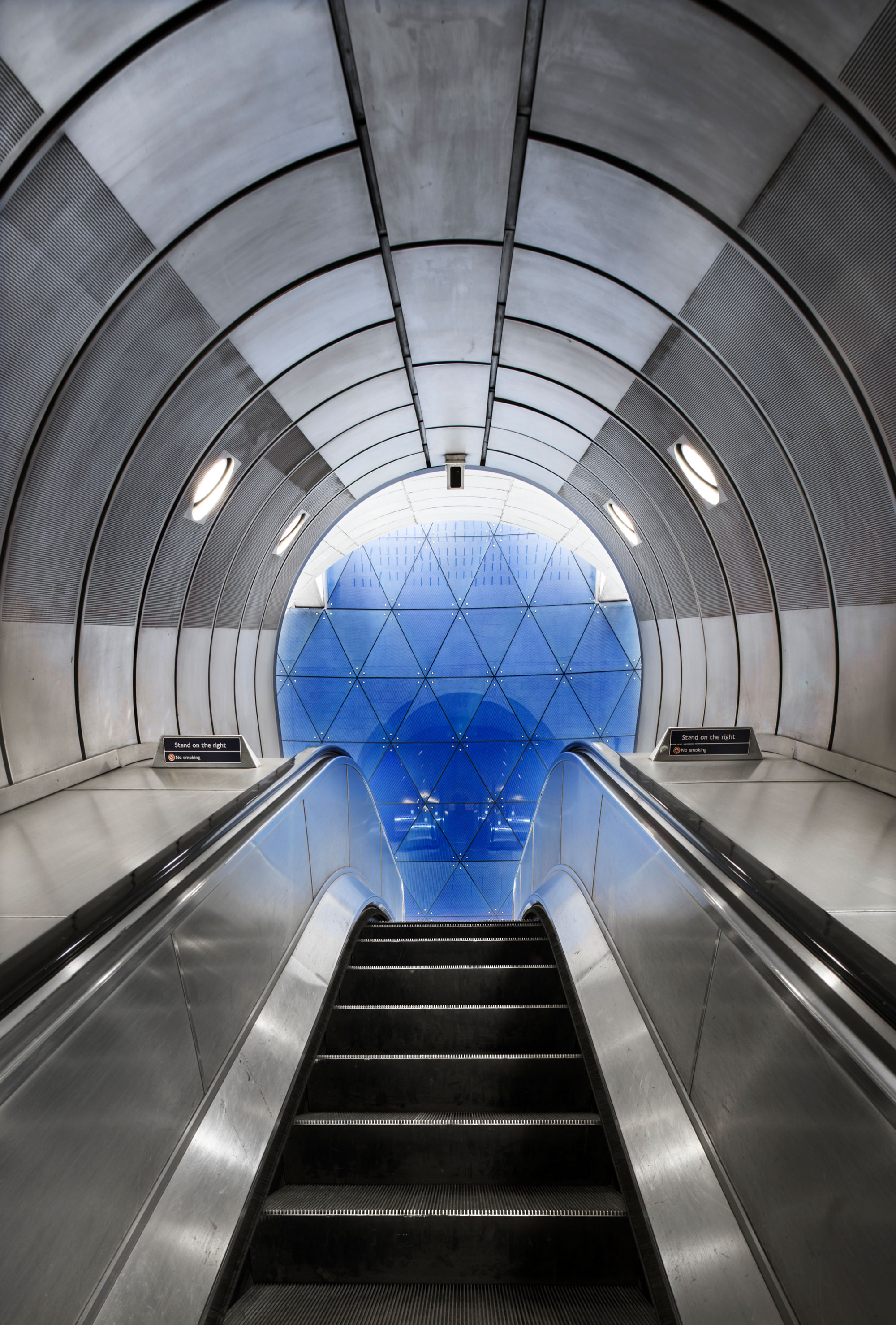 View looking up an escalator.