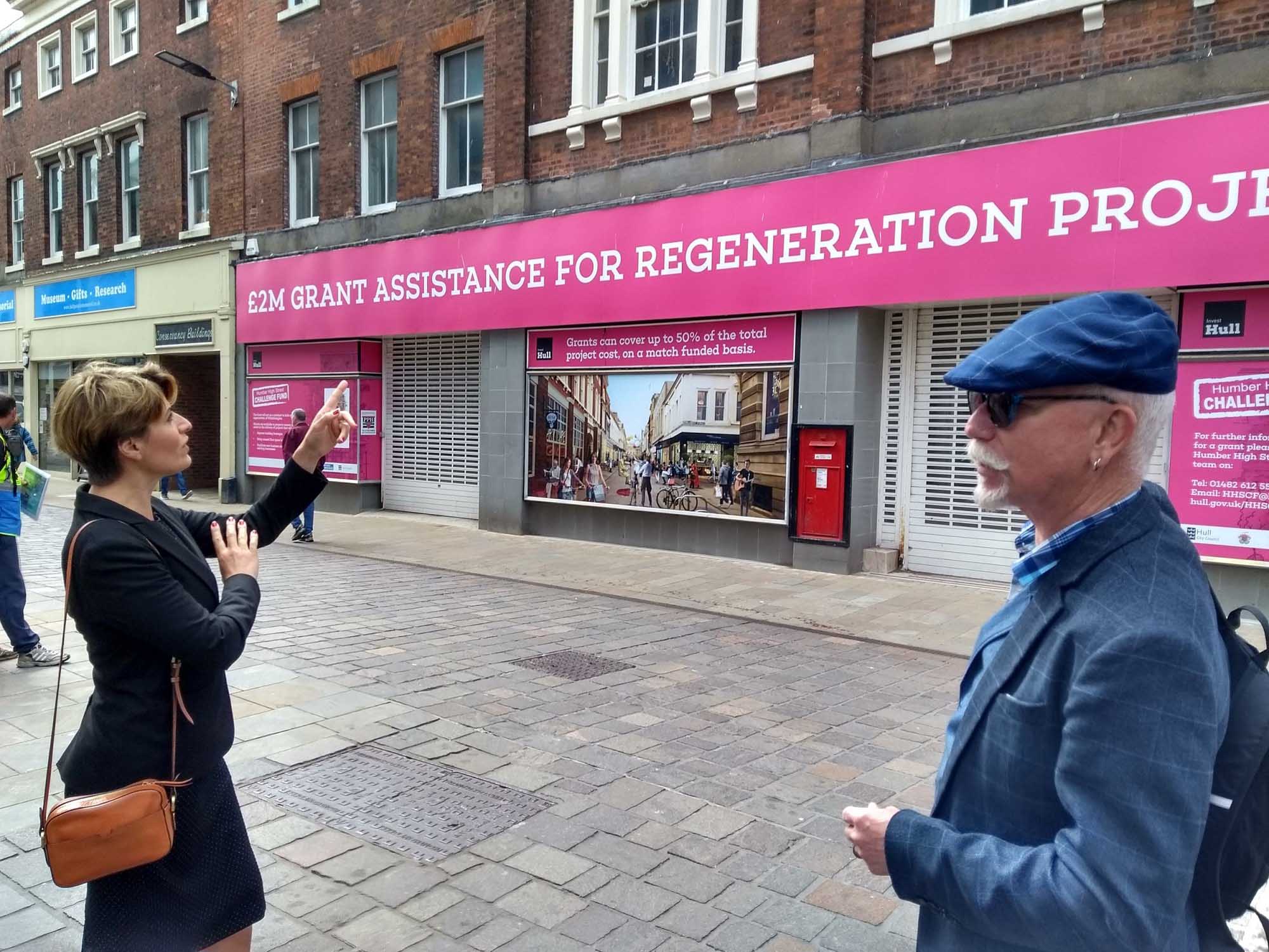 Emma Hardy MP and Craig Broadwith from Historic England on a visit to Whitefriargate in Hull.