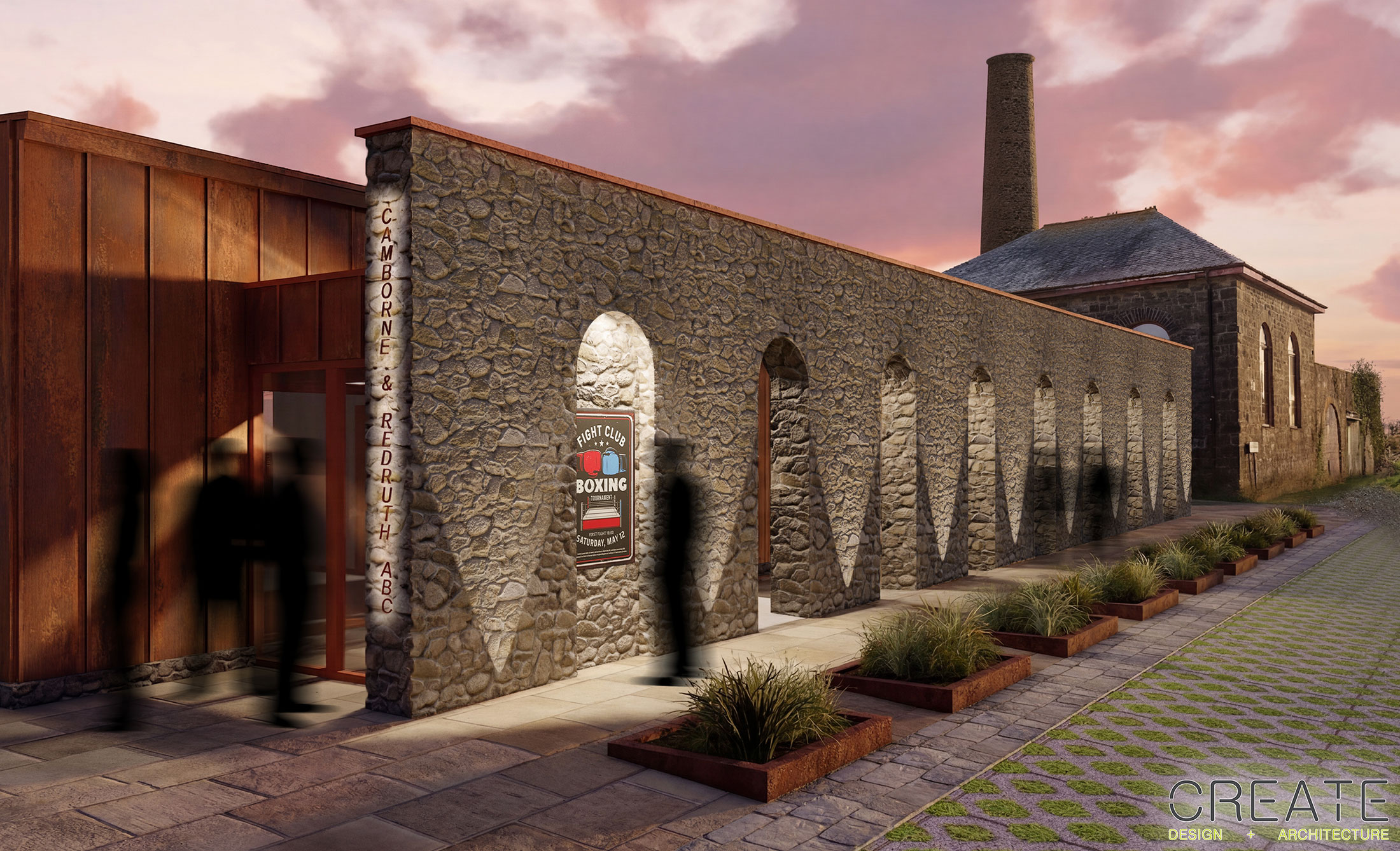 An architect's impression of a new, single storey building with two historic tin mining structures in the background. The new building uses stone arches and granite paving to harmonise with its surroundings.