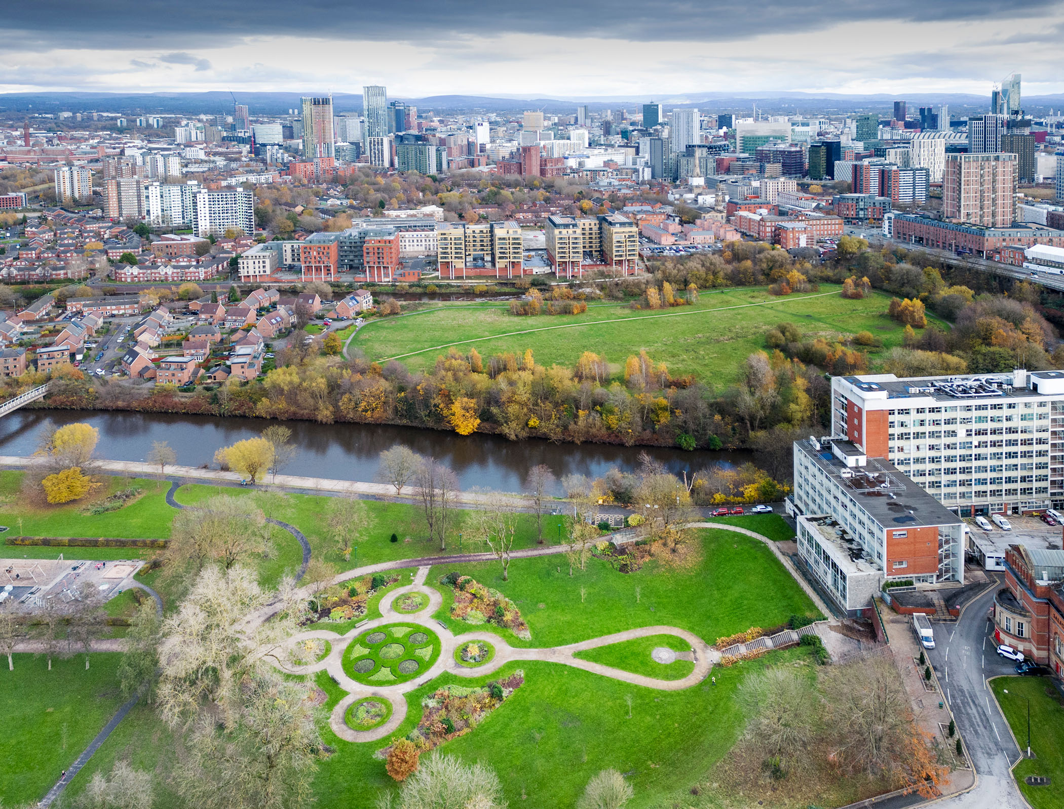 A city public park with gardens photographed from above