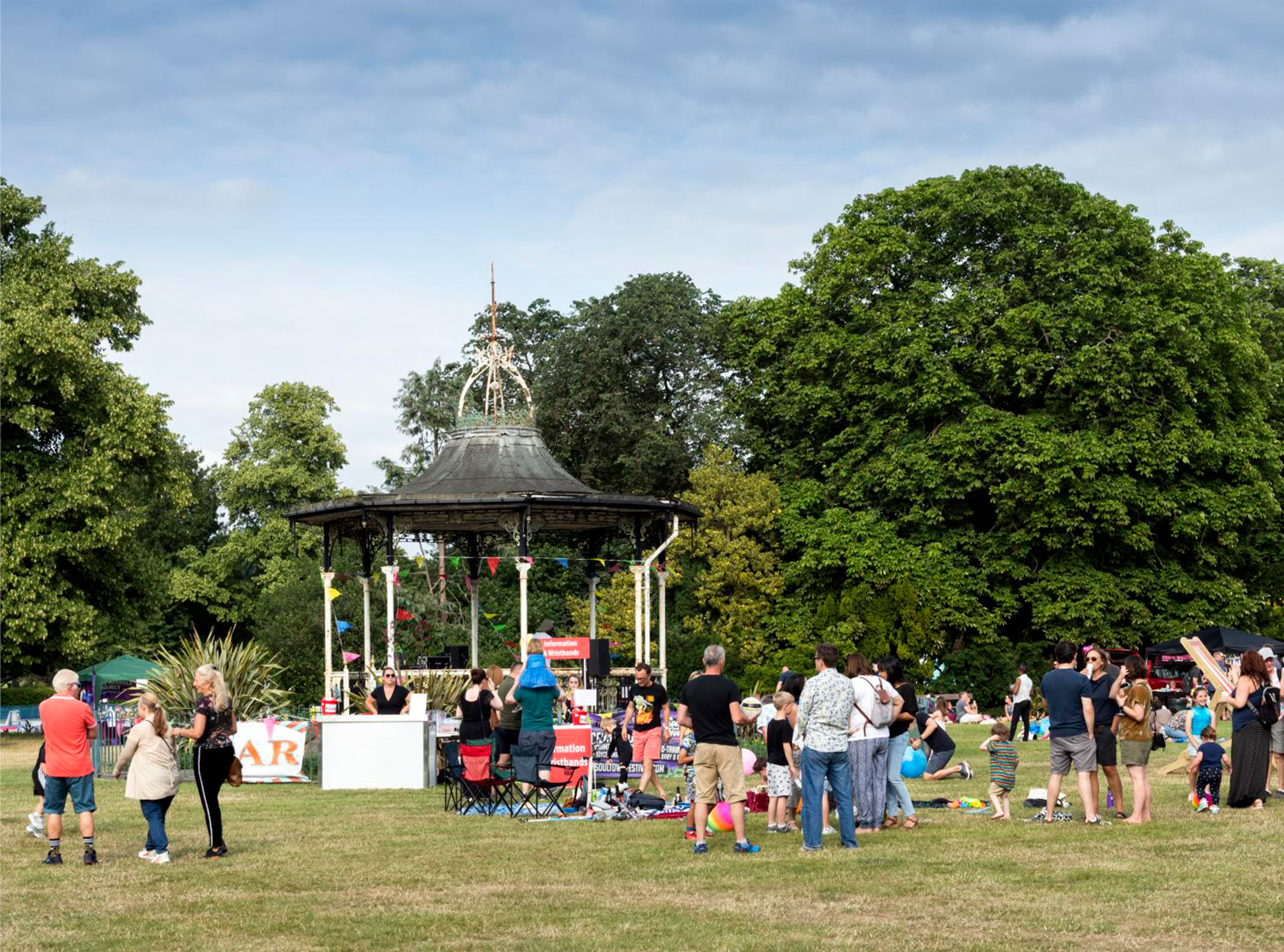 People at a park, some standing and others seated on grass, with trees and a bandstand in the background.