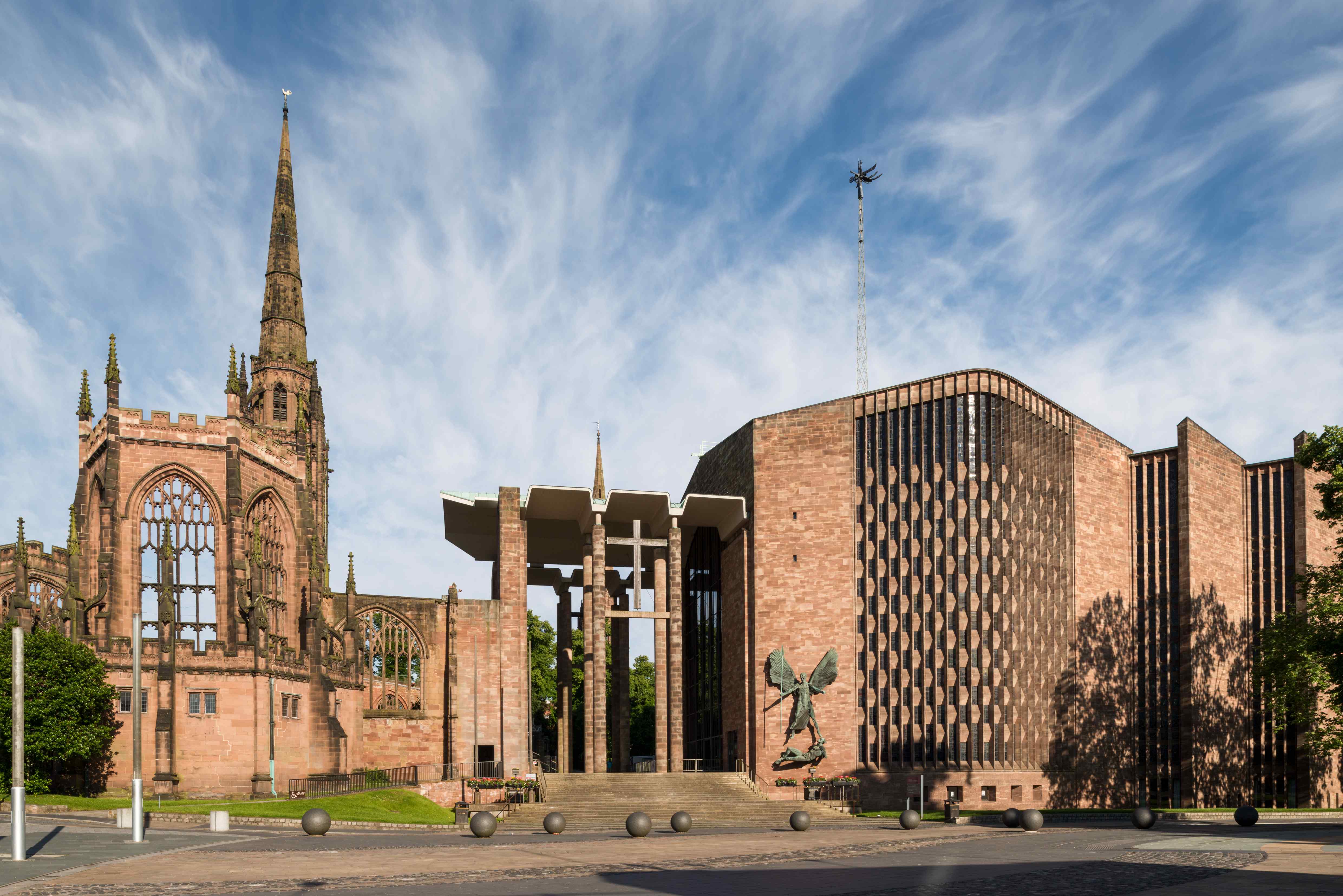 Both old and new cathedrals in Coventry as seen from University Square