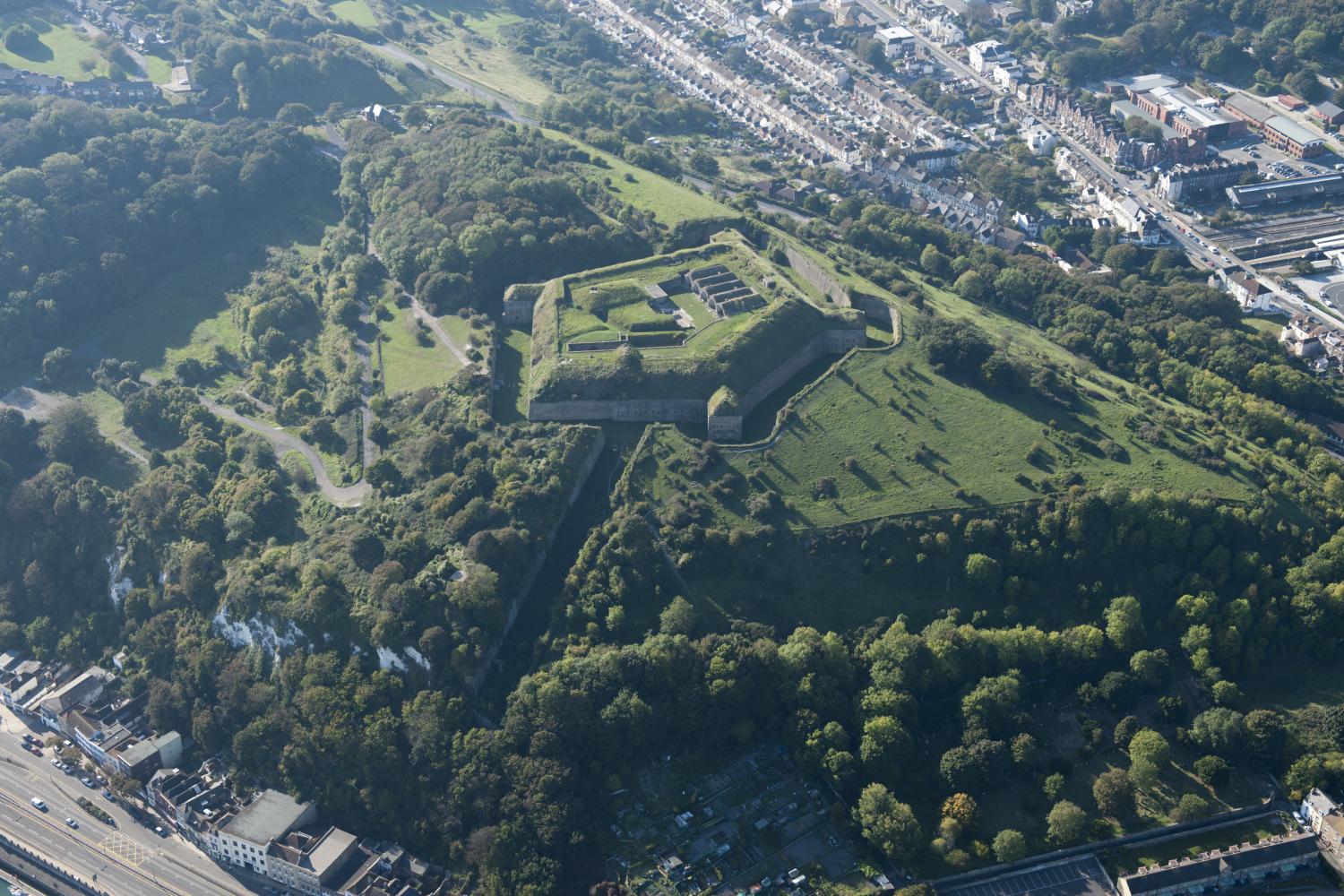 Green landscape with fortification from above
