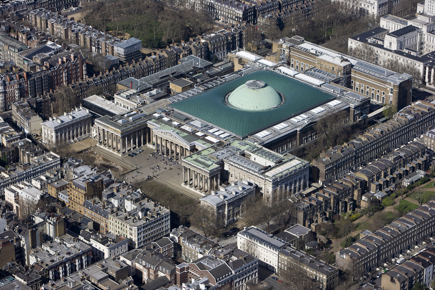 An aerial view showing the roof and dome in the centre of the British Museum.
