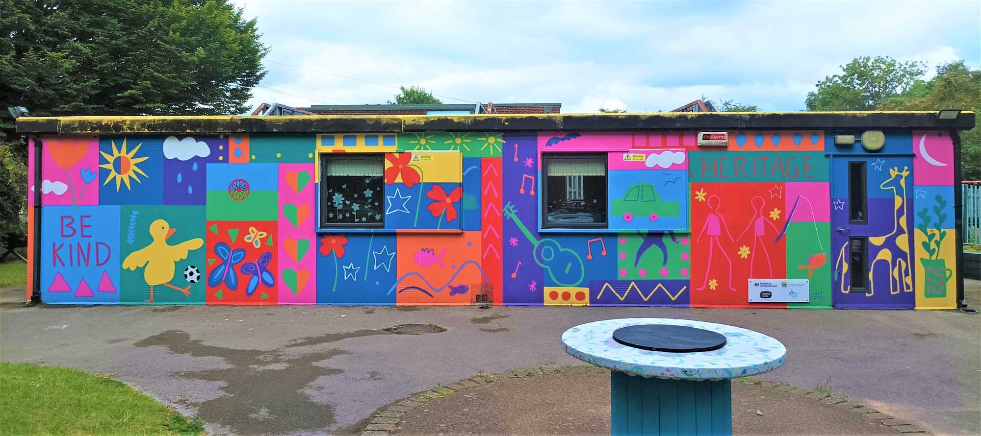 A brightly painted prefabricated building.  