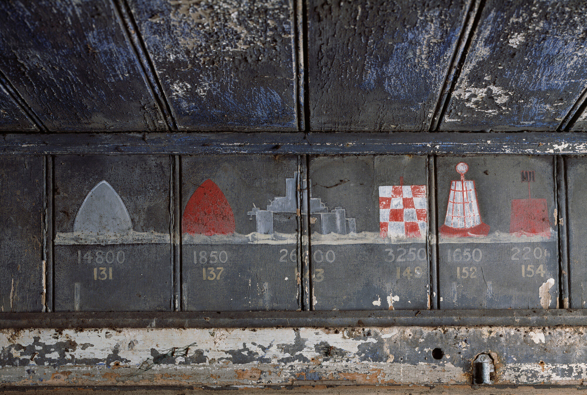 Colour photo showing a weathered wall with painted markings showing various shapes and numbers, with a rustic, peeling paint background.