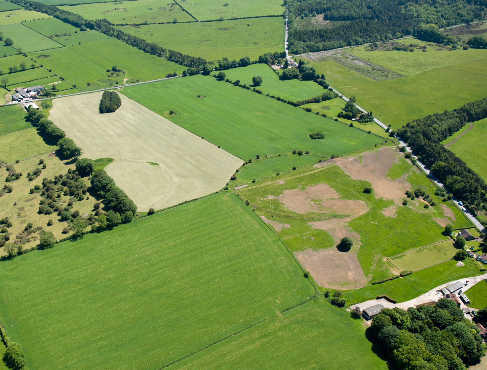 Aerial photo showing 2 of the Priddy Circles, with one obscured by brown earth patches.