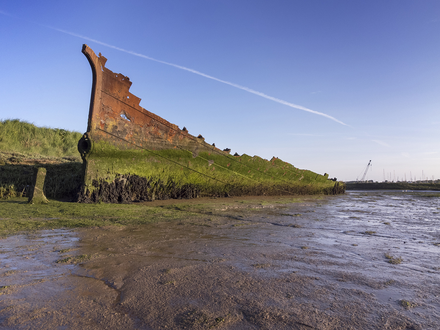 A rusting shipwreck part buried in mud.