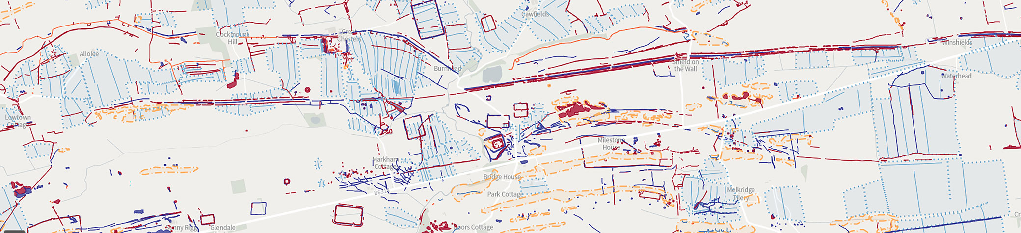 A screen shot of a GIS system displaying archaeological features around Hadrian's Wall mapped by aerial survey methods.