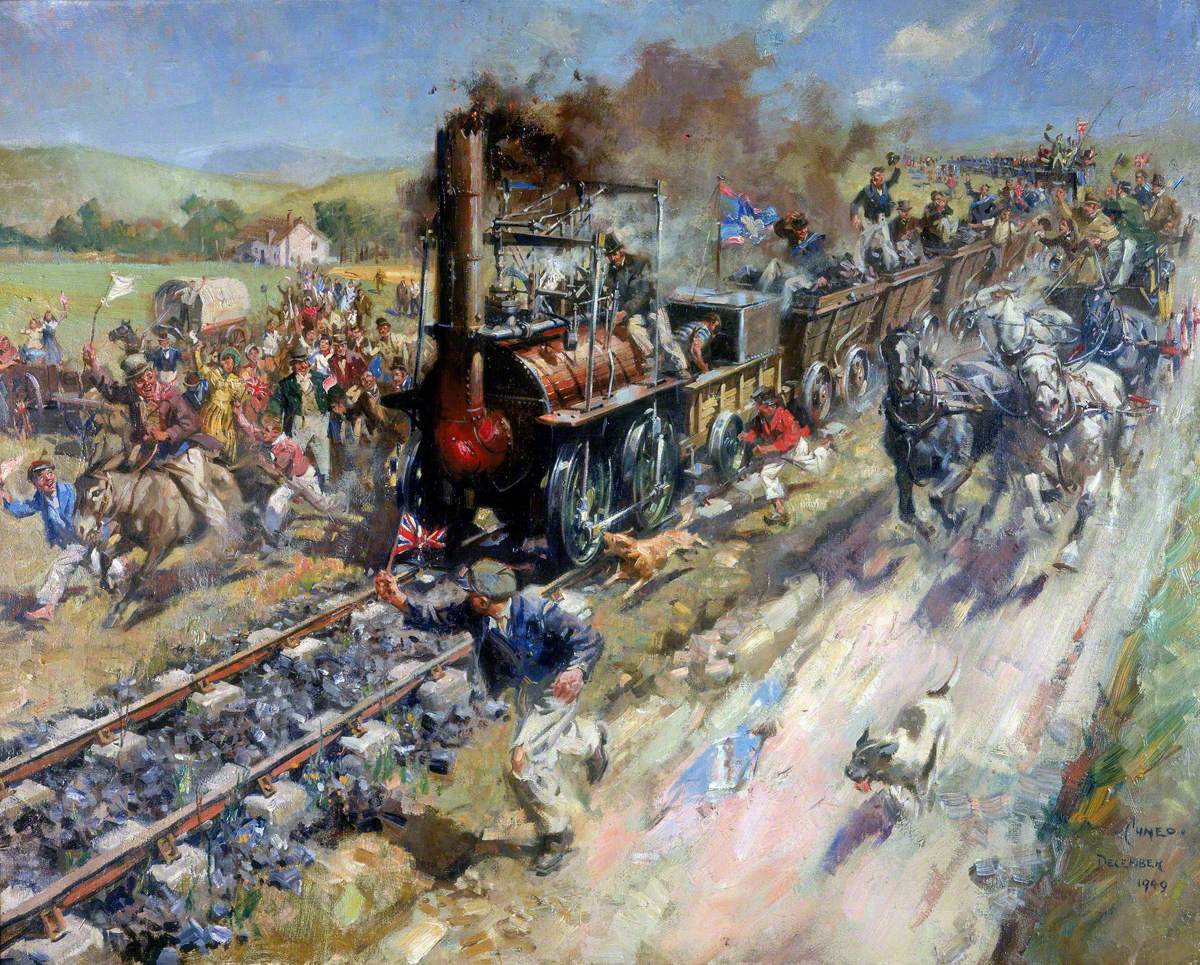 A painting of a steam train travelling along a track, with people carrying flags and horses running beside the train.