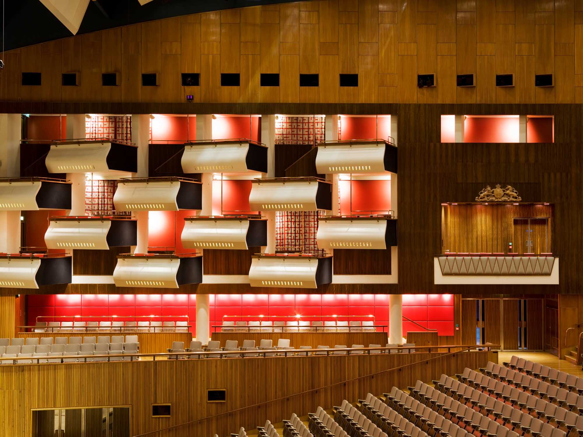 Detailed view of seating in the auditorium of the Royal Festival Hall