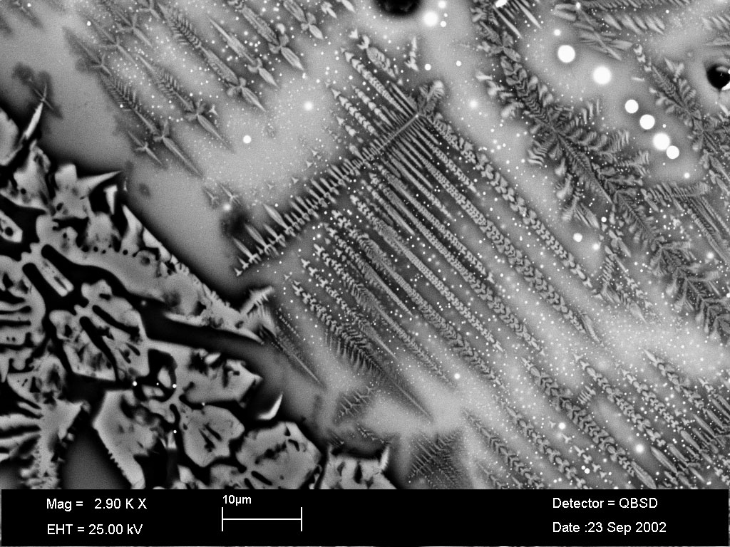 A greatly enlarged image of the structure of a piece of lead slag.