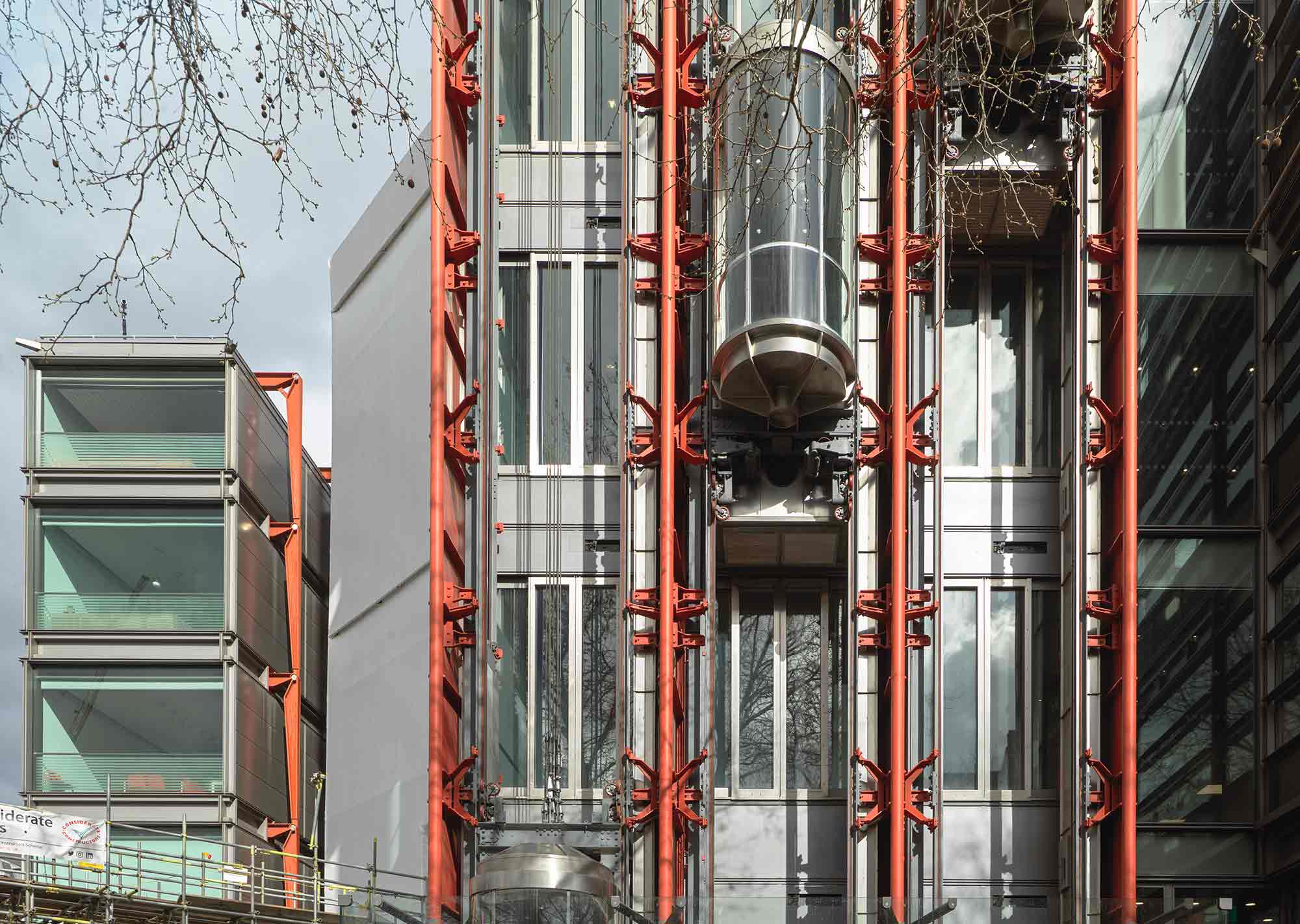 Detail of the exterior lift on the side of a building