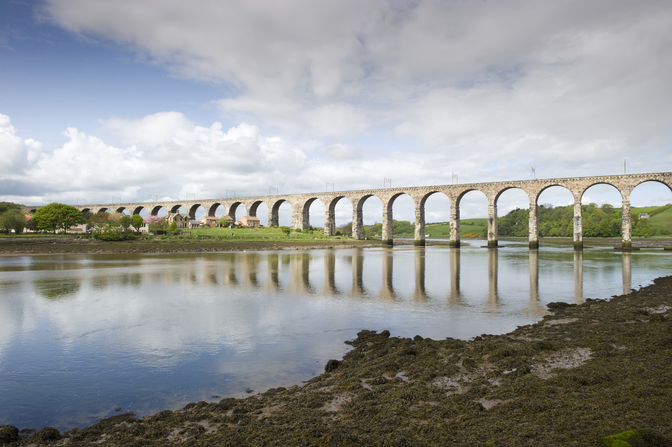 View of the Royal Border Bridge which crosses to Tweedmouth, Berwick-upon-Tweed.