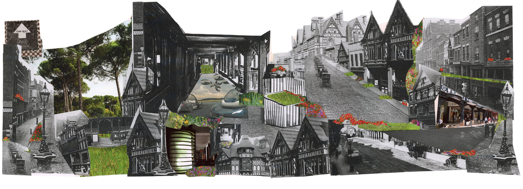 A collage of colour and B&W photos of buildings. 