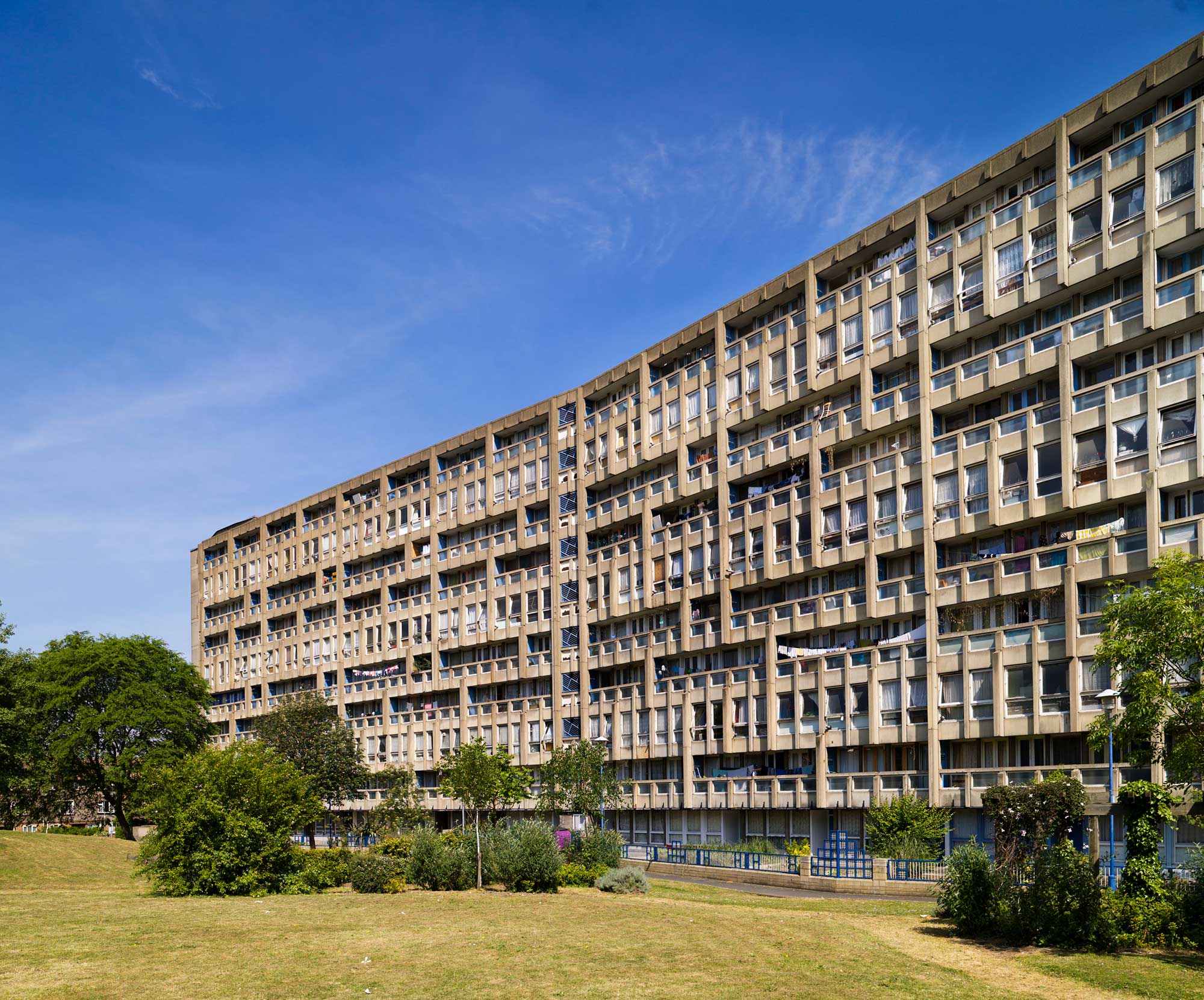Long multi-storey block of flats.