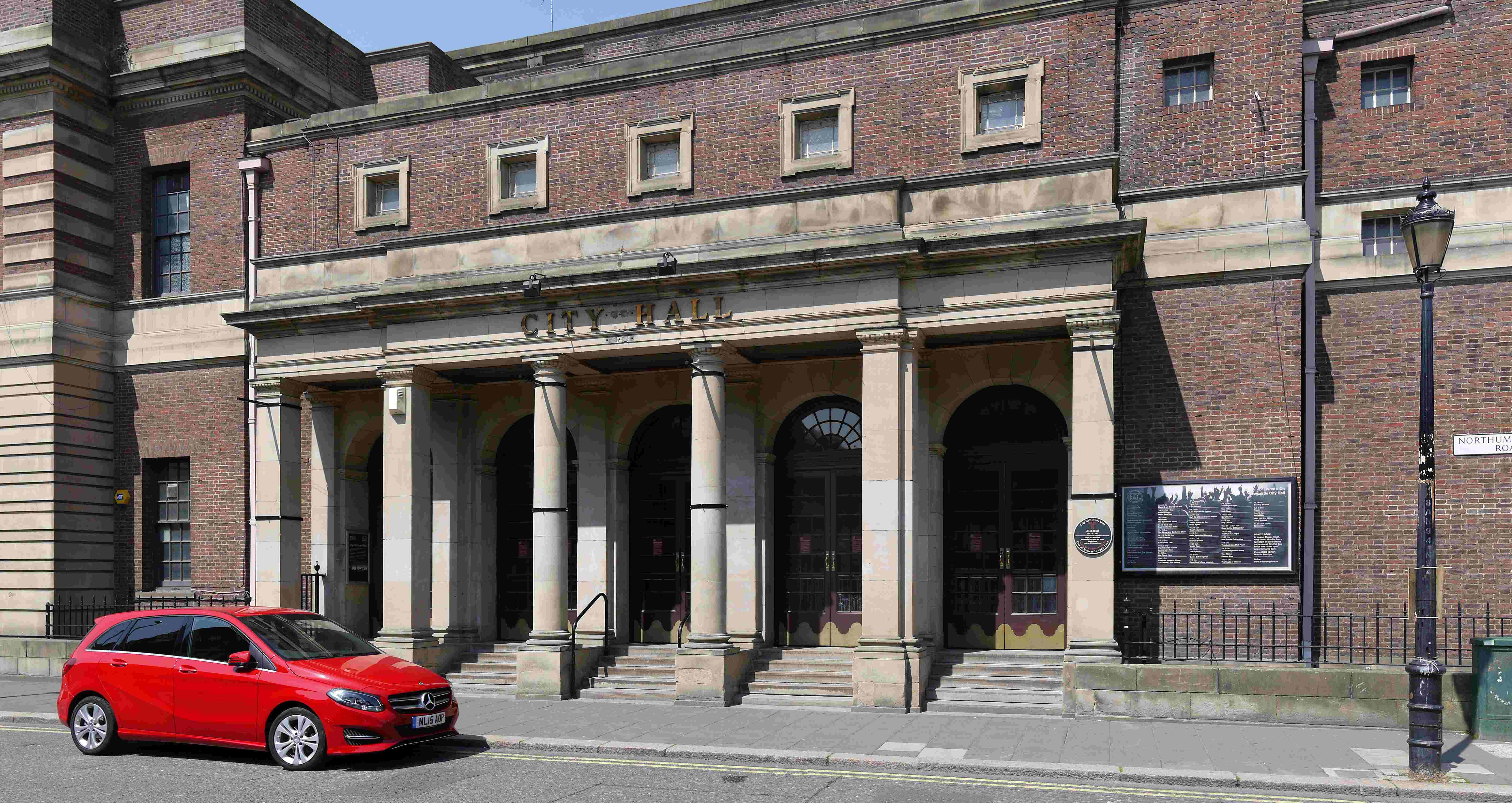 A brick building. 