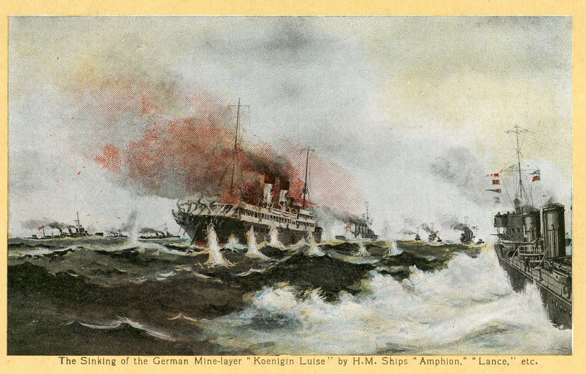 An illustration of a ferry on fire in open water with large waves, surrounded by a yellow border. In the border under the image, the text reads: "The Sinking of the German Mine-layer "Koenigin Luise" by H.M Ships "Amphion." "Lance," etc."
