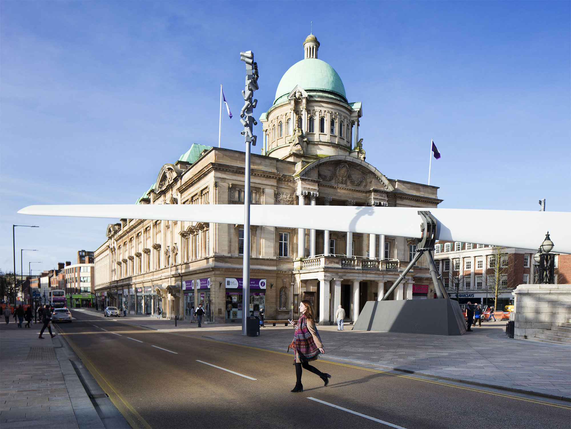  The 75 m long B75 wind turbine blades, made by Siemens in Hull, are the largest single cast hand made objects in the world. This is one of the first ones to come out of the factory in Hull.