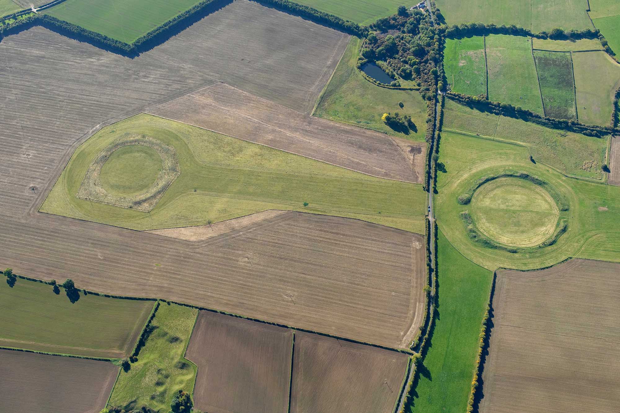 Aerial view of circular henge monuments in fields.