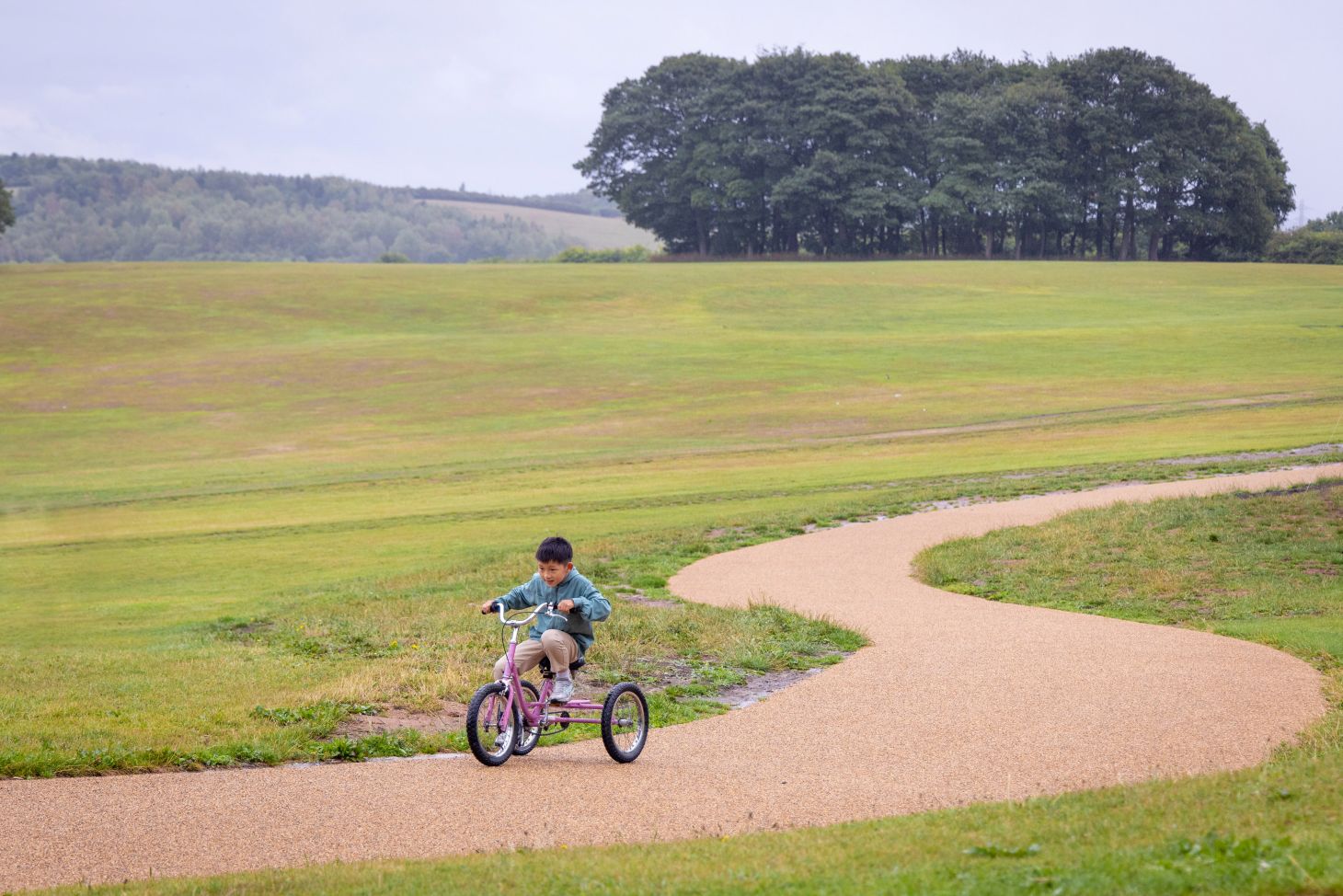 A child on a tricycle riding along a winding path.