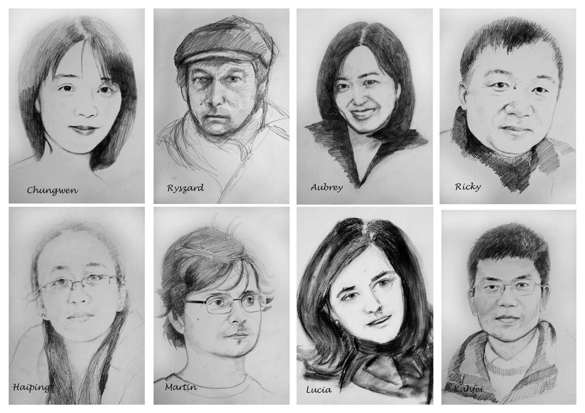 Pencil sketches of the 8 members of the Chinese footprints project team:
Chungwen
Ryszard
Aubrey
Ricky
Haiping
Martin
Lucia
Kahfei