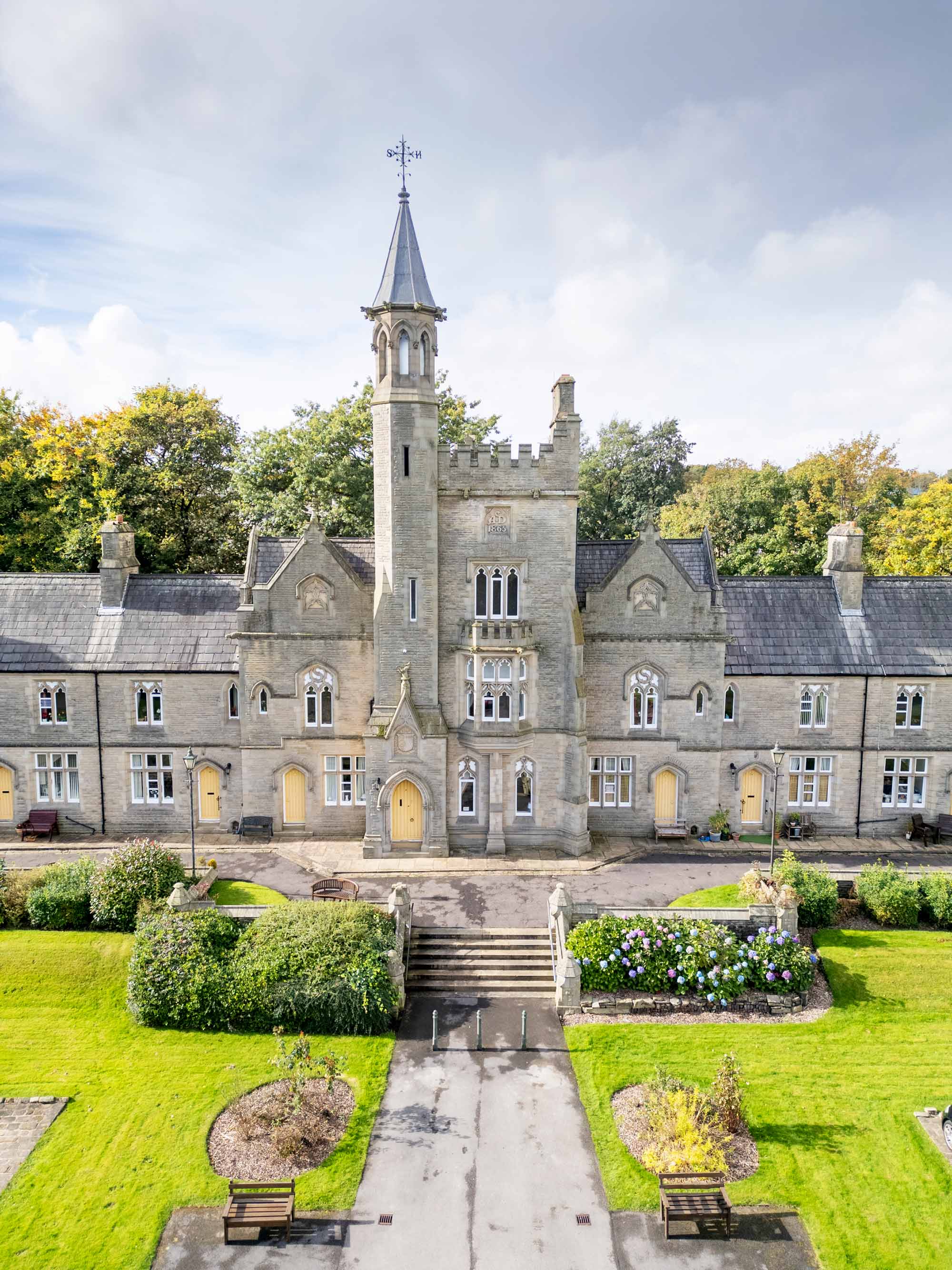 Elevated view from the east showing the east elevation of the west building at Joseph Crossley's Almshouses.