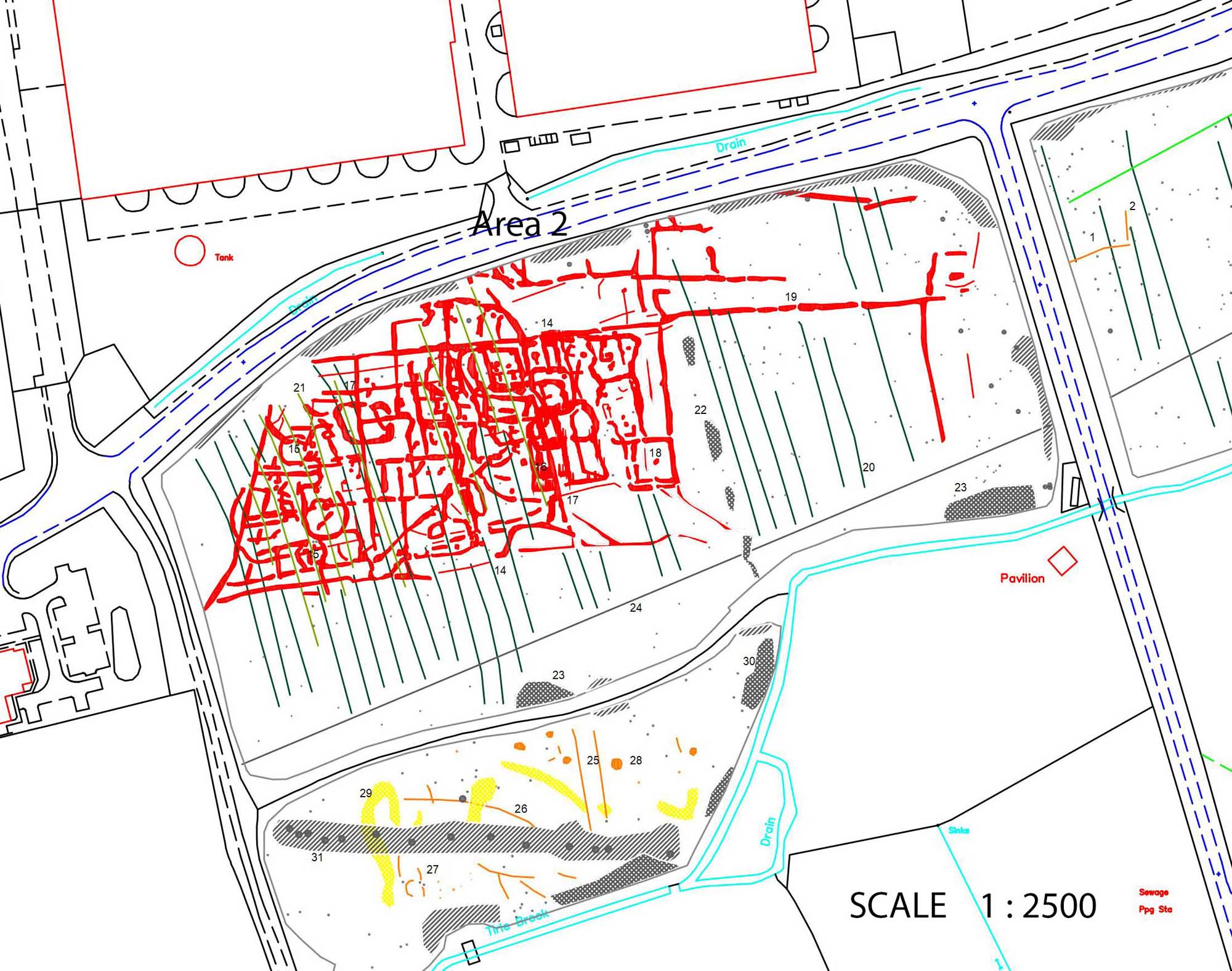 A digitally created map showing the archaeological features of Pamington, Gloucestershire