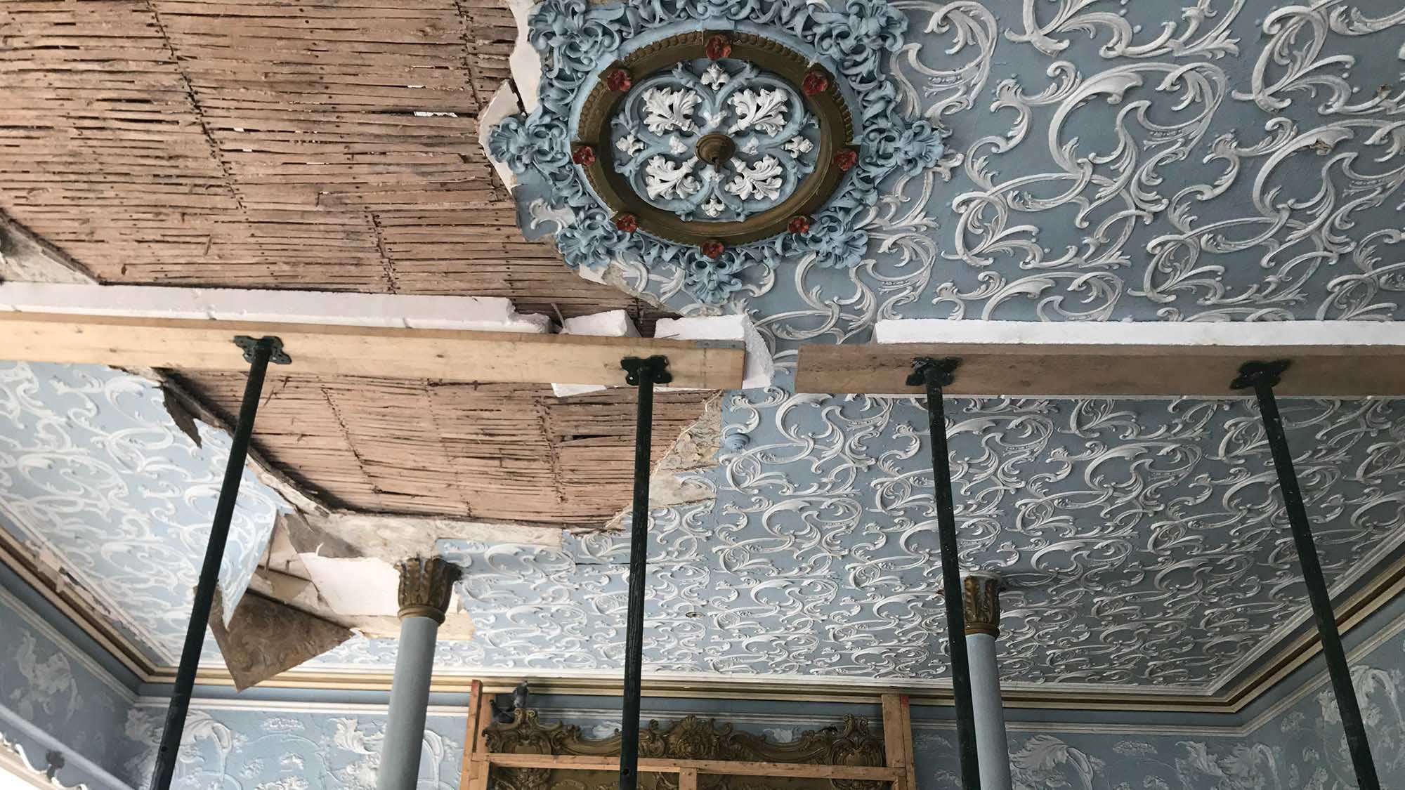 Victorian ‘Lincrusta’ wallpaper on the ceiling of the Blue Room, photographed during repairs.