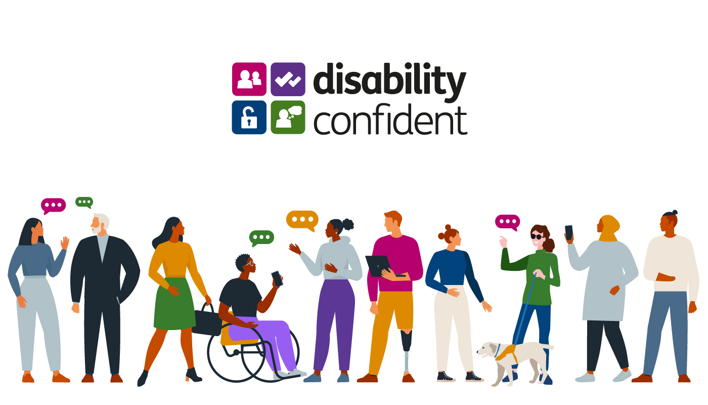 An illustration of a diverse group of people, including those with disabilities, interacting beneath the "Disability Confident" logo which features icons of individuals and a lock.