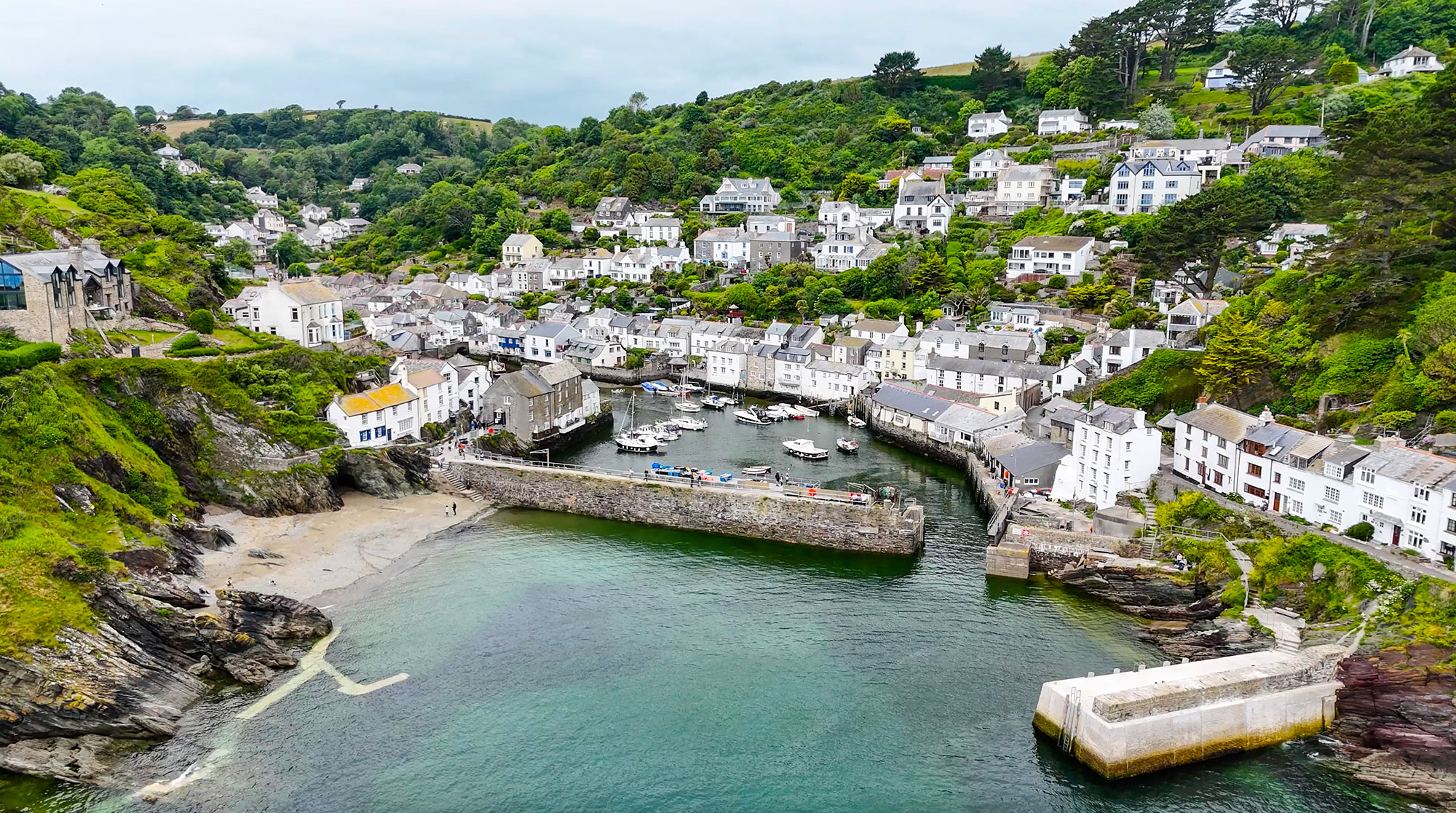 Aerial view looking towards Polperro Harbour.