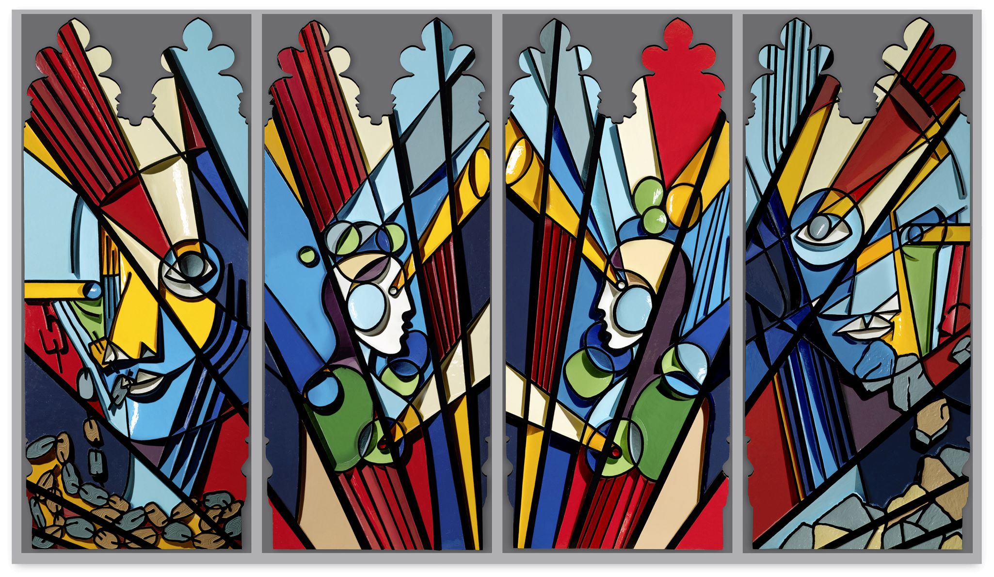 A stained glass artwork comprising four panels depicting the faces of enslaved people.