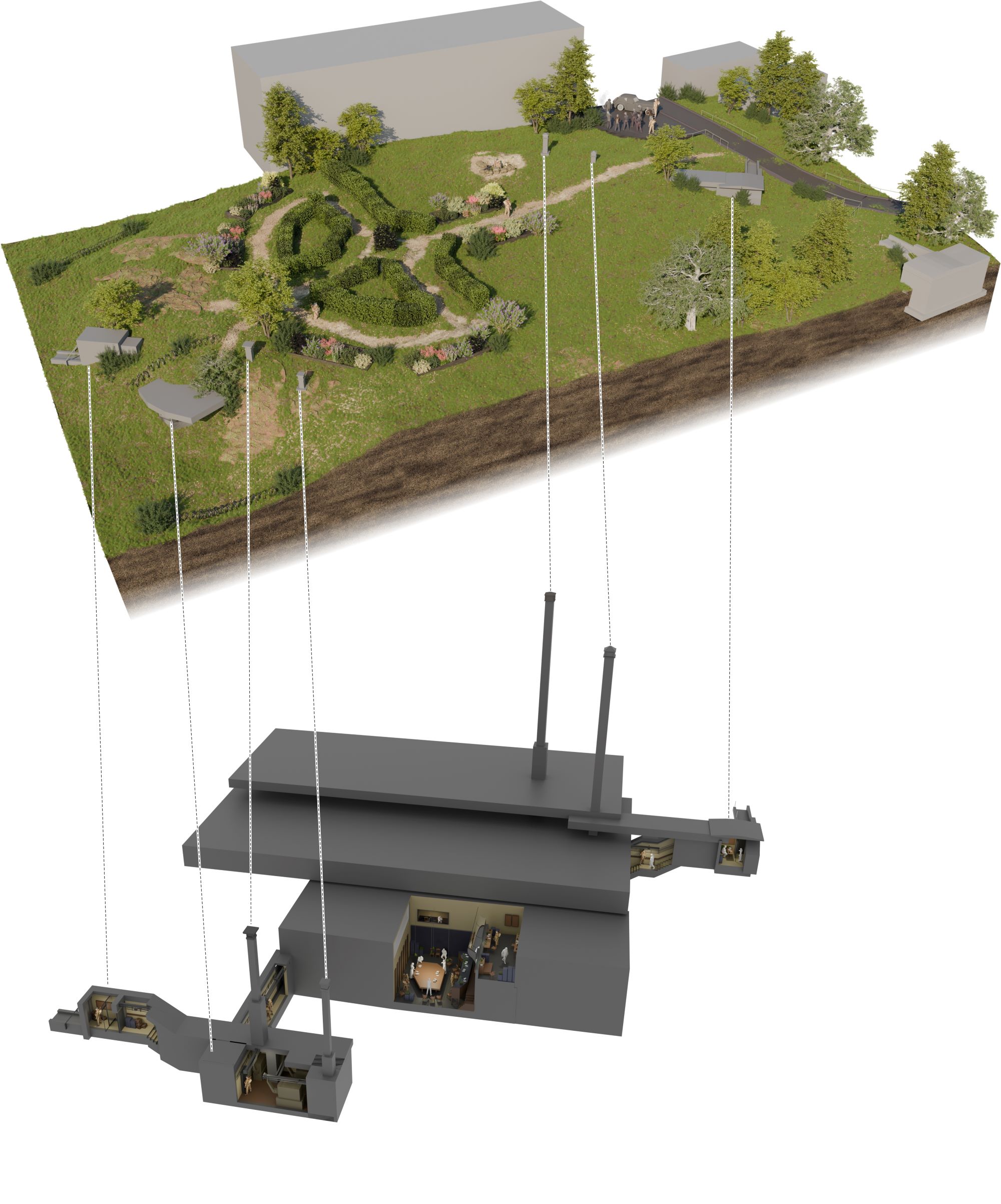 A digital image of a landscape with green hedges and military figures, with a bunker shown below ground.