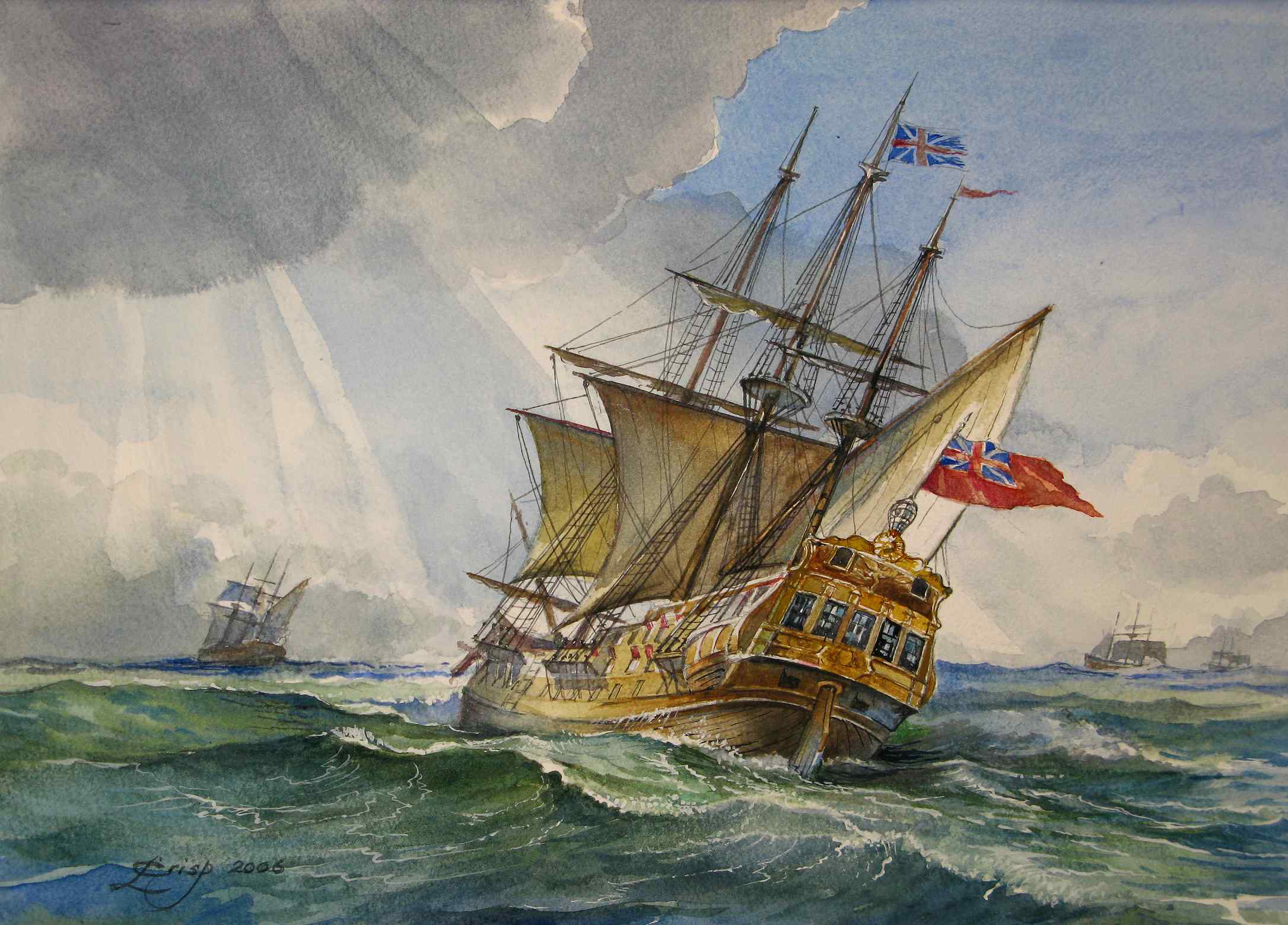 A painting of a warship under sail with three other vessels in the background.
