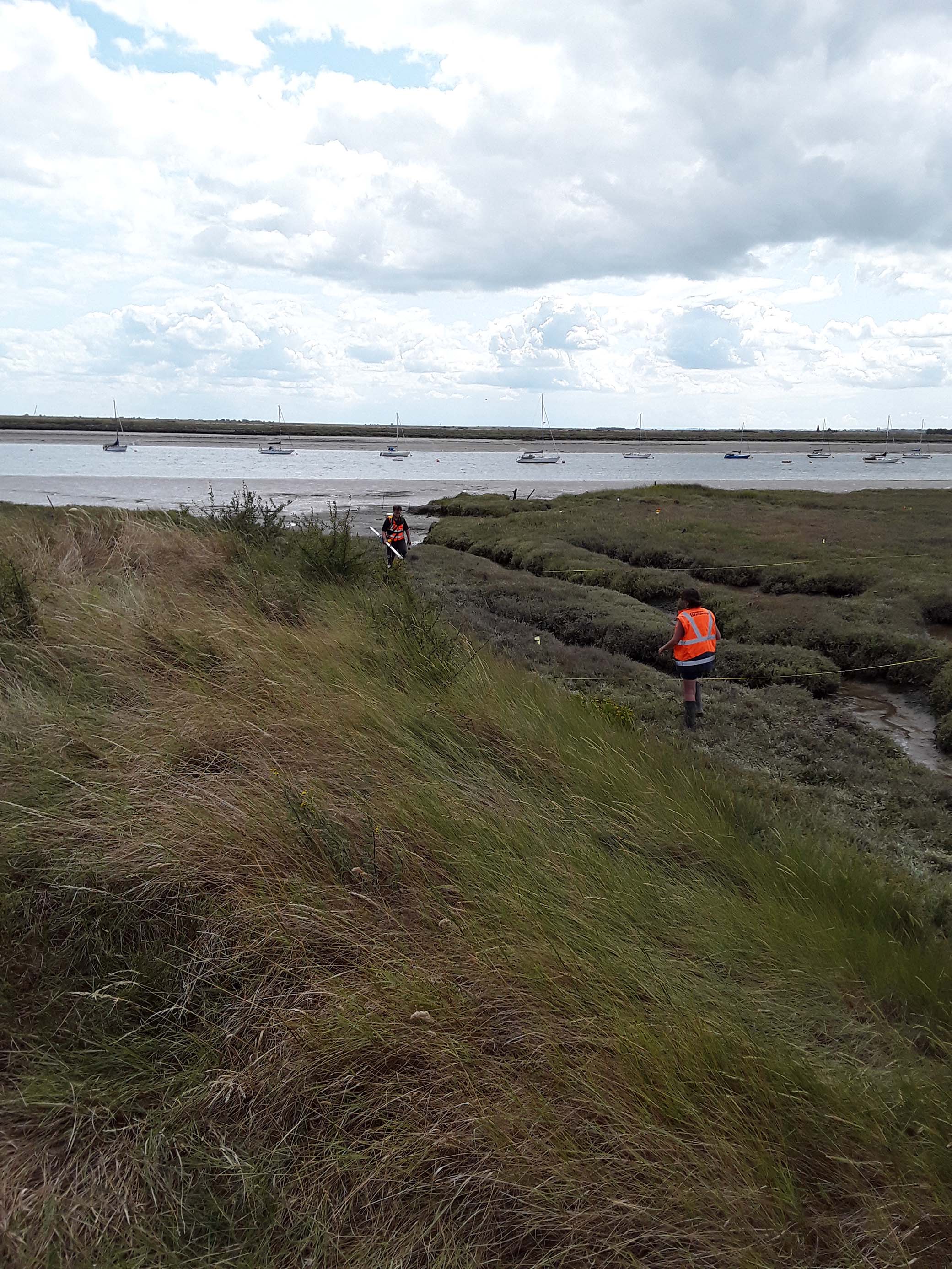 Two people wearing high viz jackets exploring the site of the mud berth