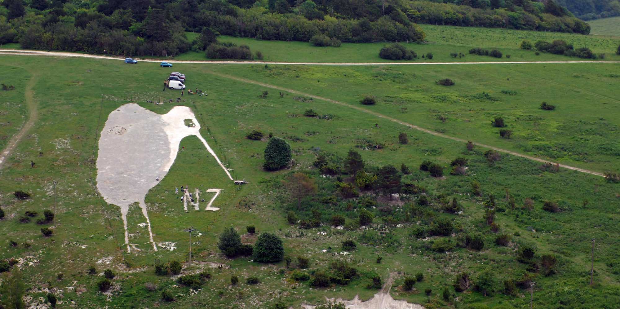 Aerial view of the Bulford Kiwi which is carved into the hillside above Bulford Camp in Wiltshire.