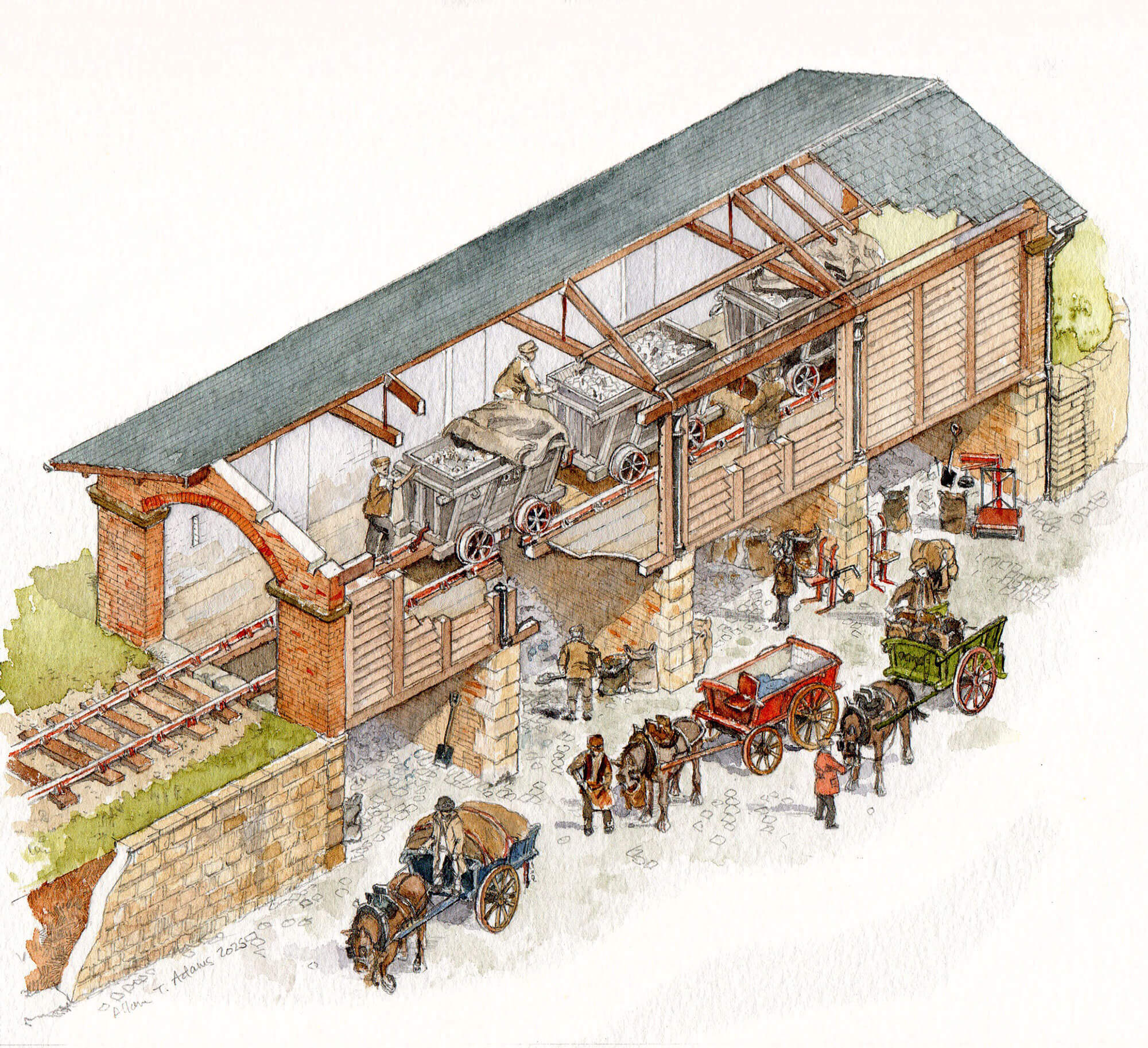 A colour reconstruction drawing of a lime depot in use with figures of workers and horse drawn carts.