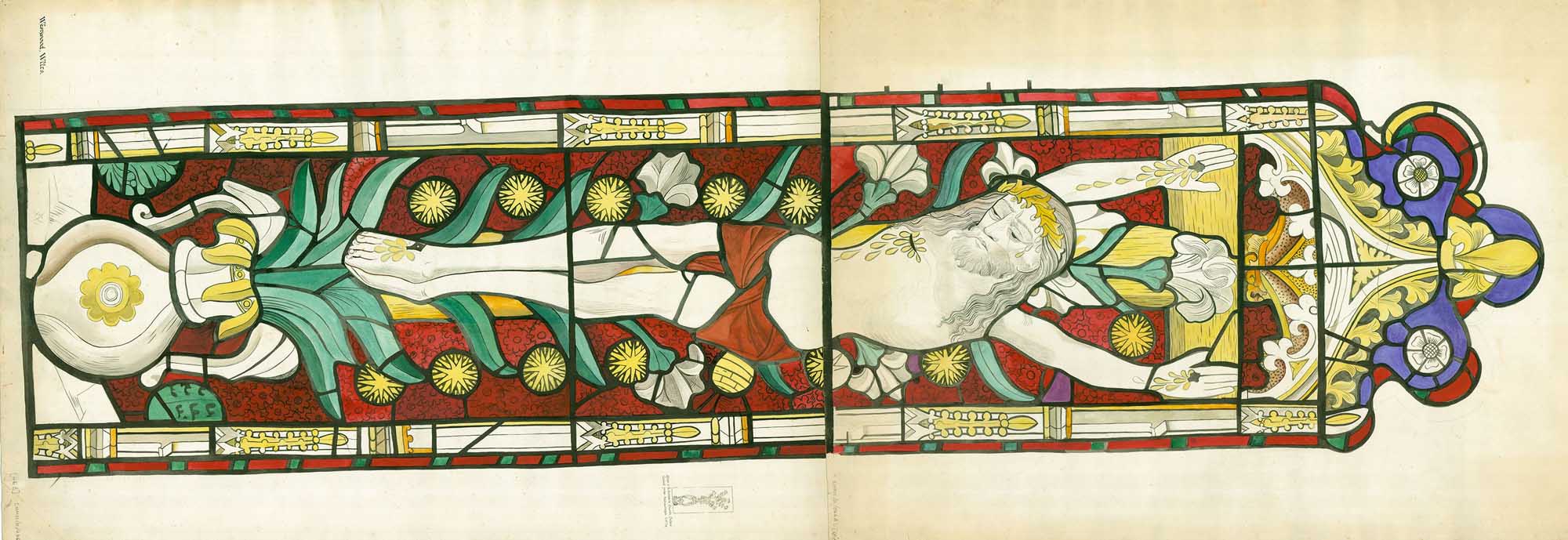 Colour illustration of a stained glass window.