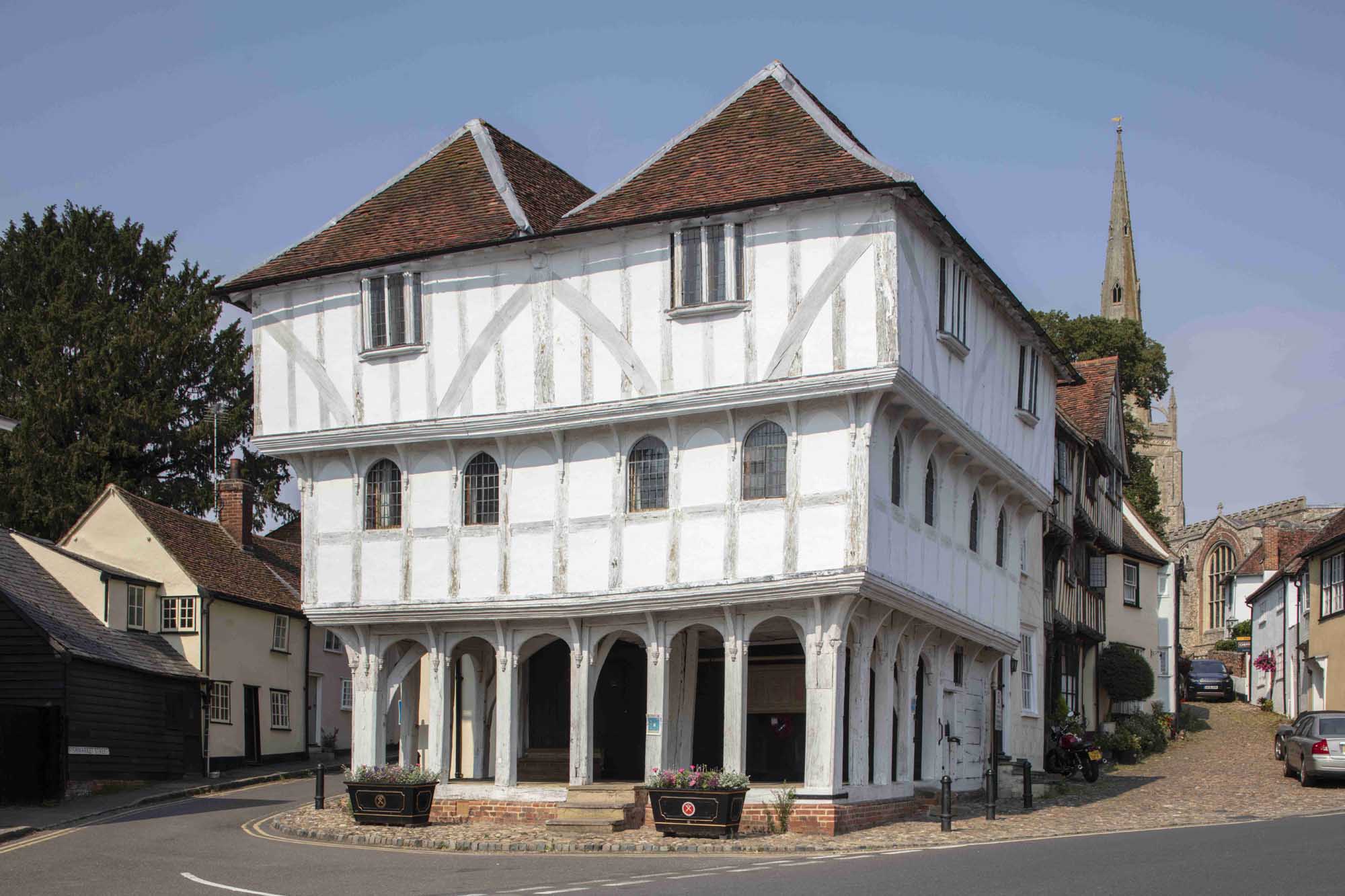 Street-level photograph of the exterior of Thaxted Guildhall.