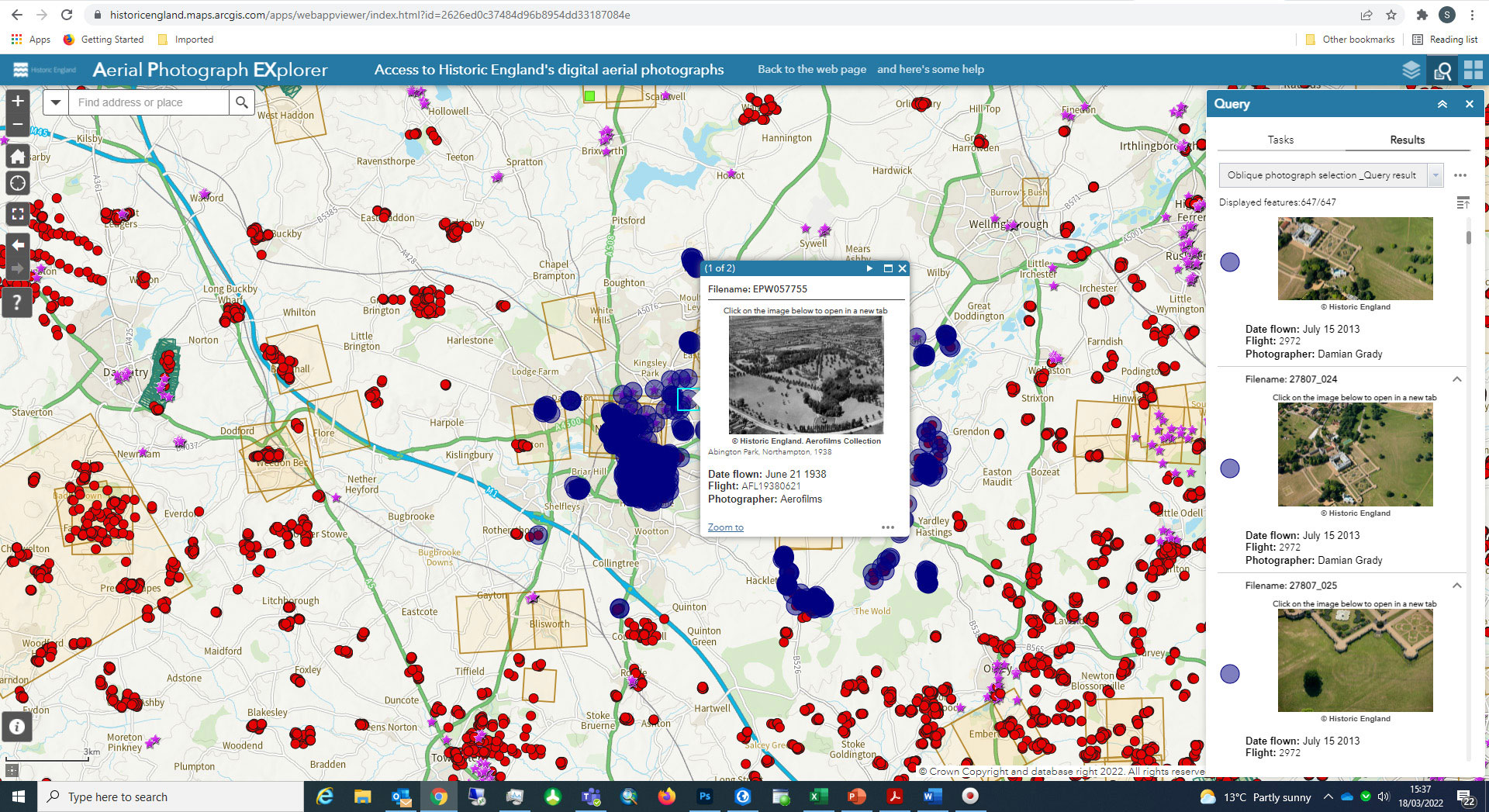 Screen shot of mapping application demonstrating a pop up featuring basic details of an aerial photograph with a thumbnail of the image.