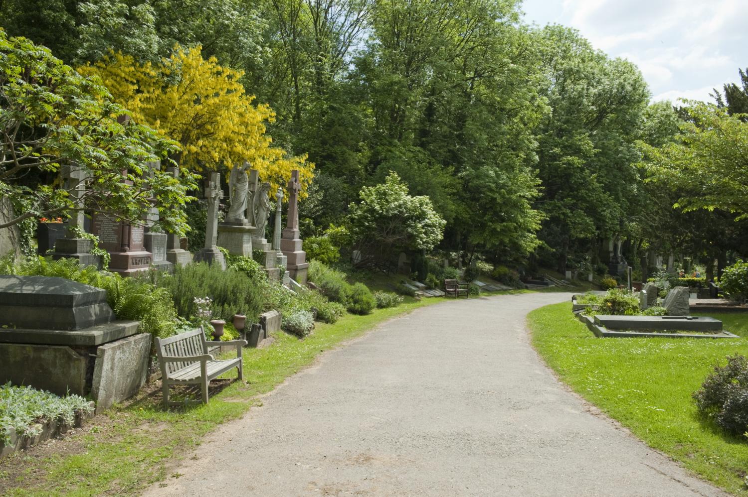 A tarmac path in the centre with graves and monuments to right and left.