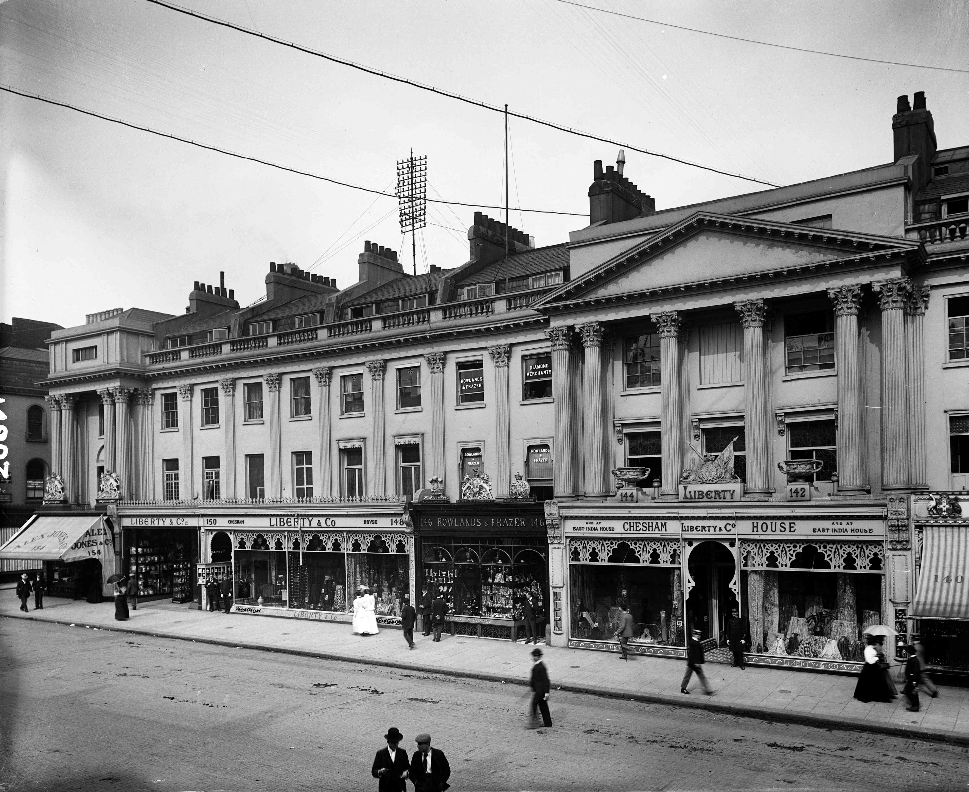 The Regent Street frontage of Chesham House, the premises of Liberty and Co and Rowlands and Frazer, London, 25 August 1898.