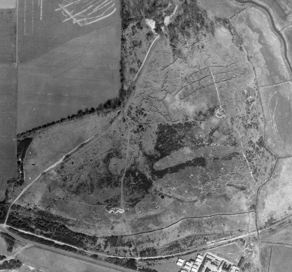 A black and white archive aerial photograph showing a complex of practice trenches.